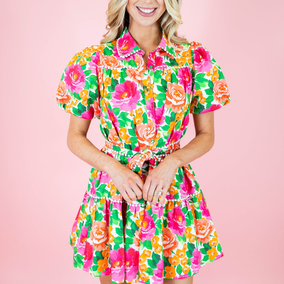 floral puff sleeve mini dress Button Down Pink / Large Brown Polka Dot Dress 100% Cotton Care Eid Color:Charcoal Bay