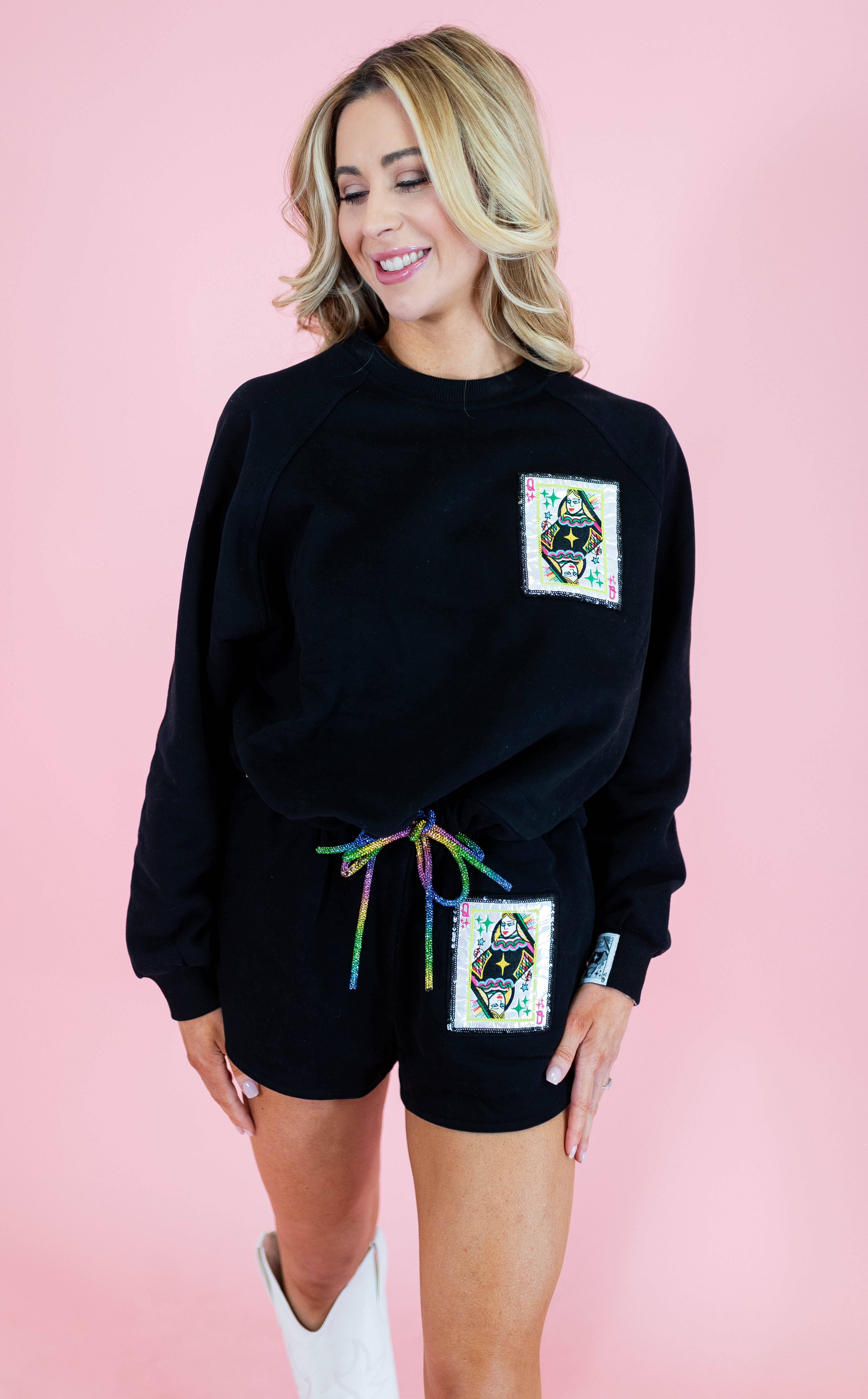 Queen Of Sparkles: Queen Card Rhinestone Tie Sweatshirt - Obsession Boutique