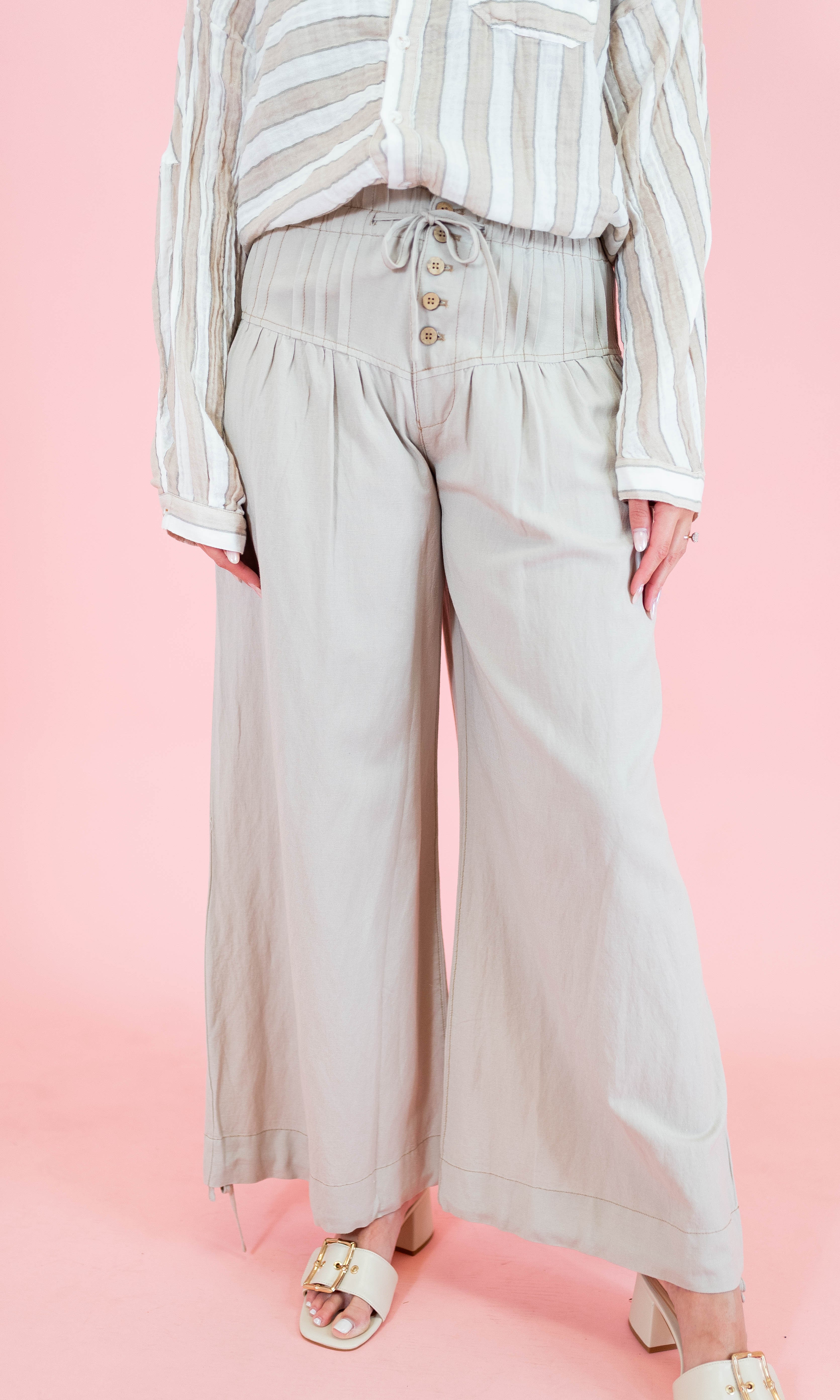 Linen Pleated Baggy Elastic Waist Pants - Sand - Obsession Boutique