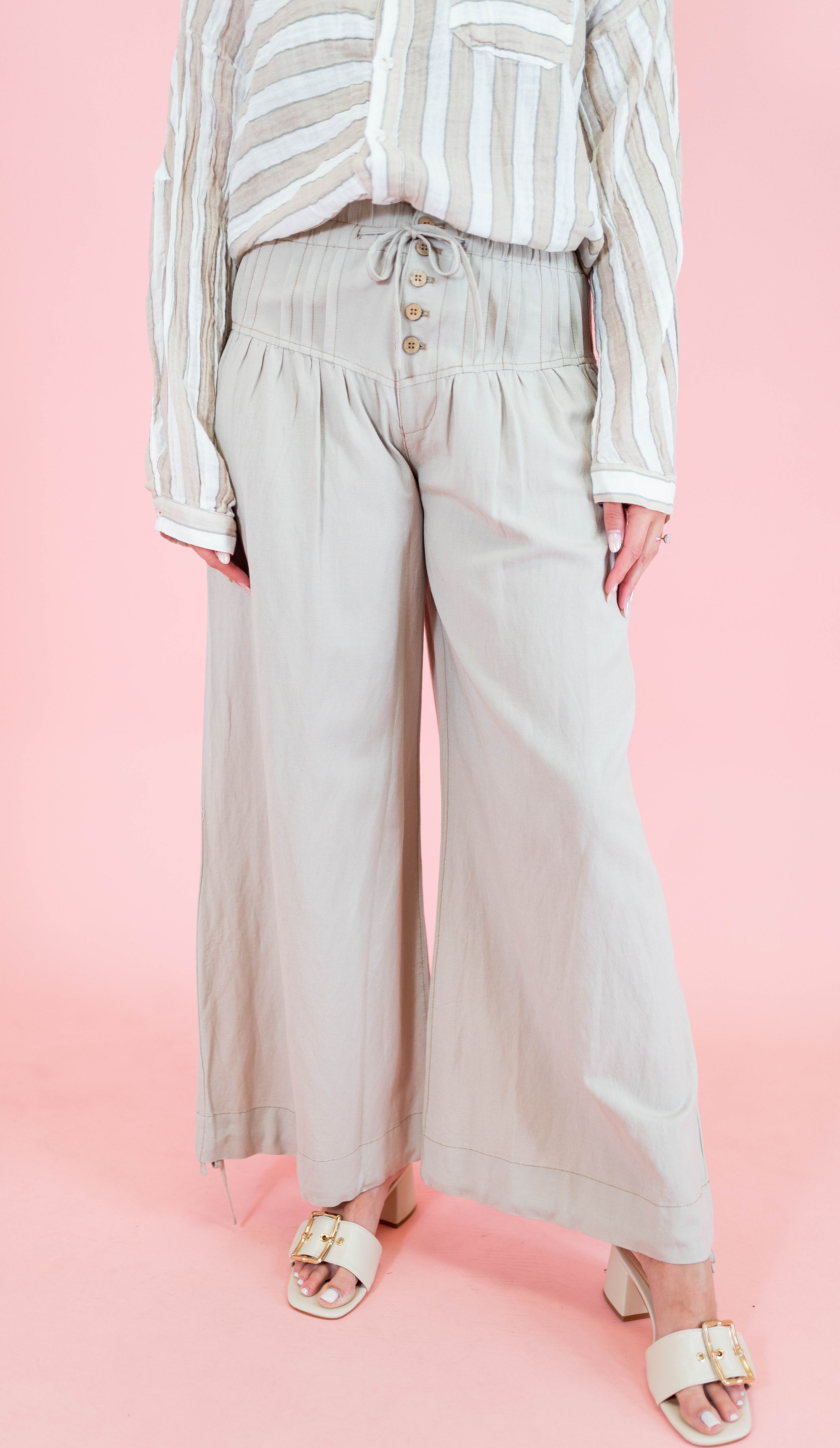 Linen Pleated Baggy Elastic Waist Pants - Sand - Obsession Boutique