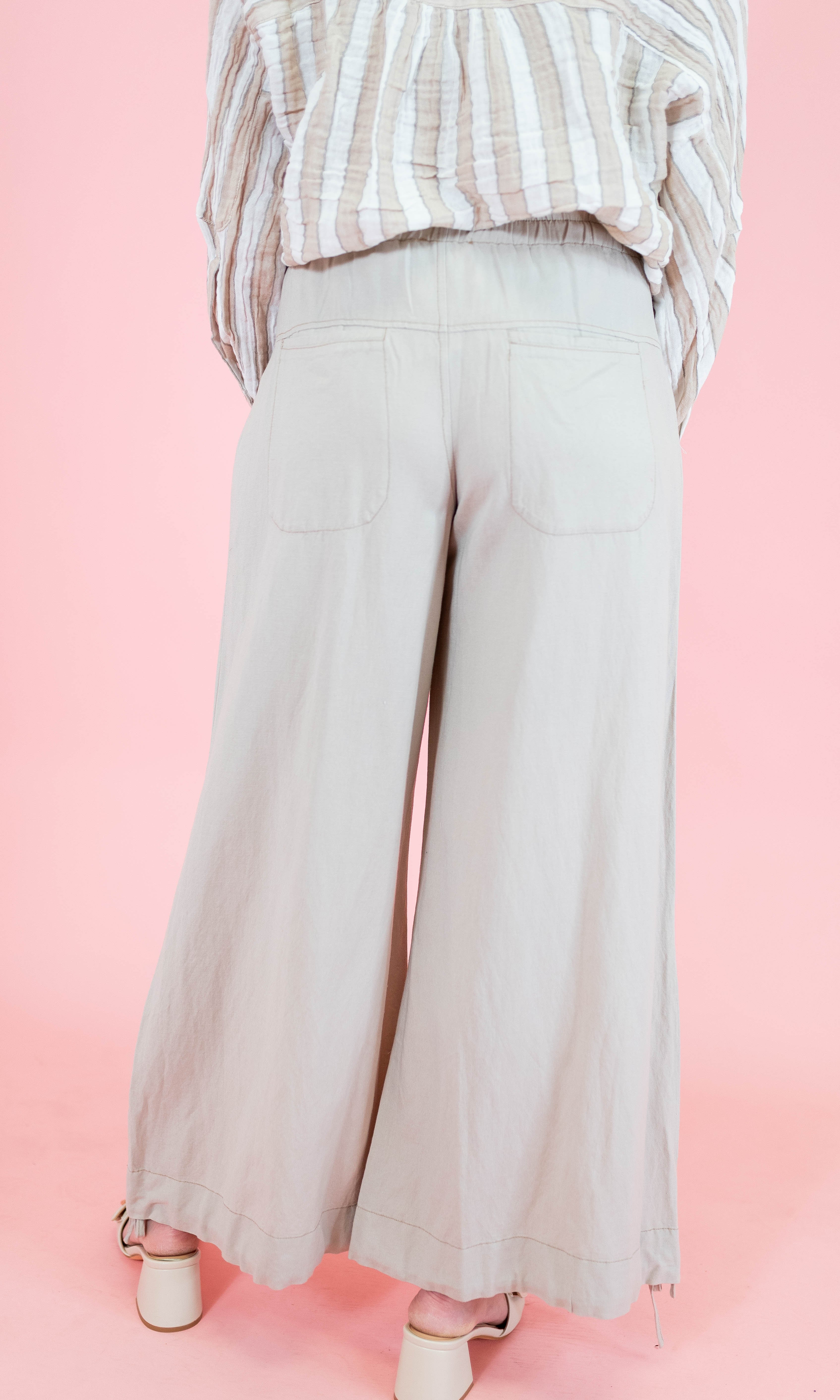 Linen Pleated Baggy Elastic Waist Pants - Sand - Obsession Boutique