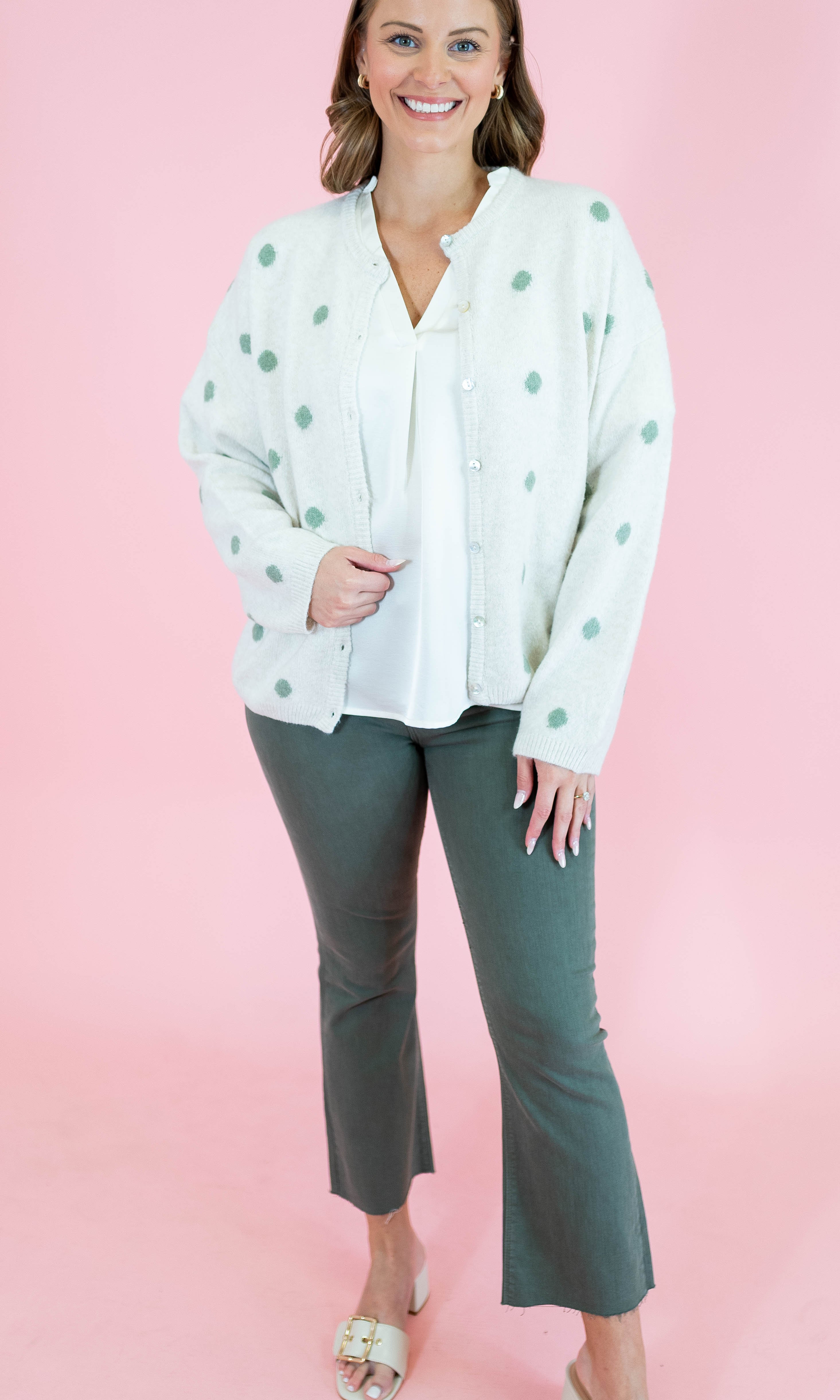 Crew Neck Polka Dot Sweater Cardigan - Ivory/Sage - Obsession Boutique