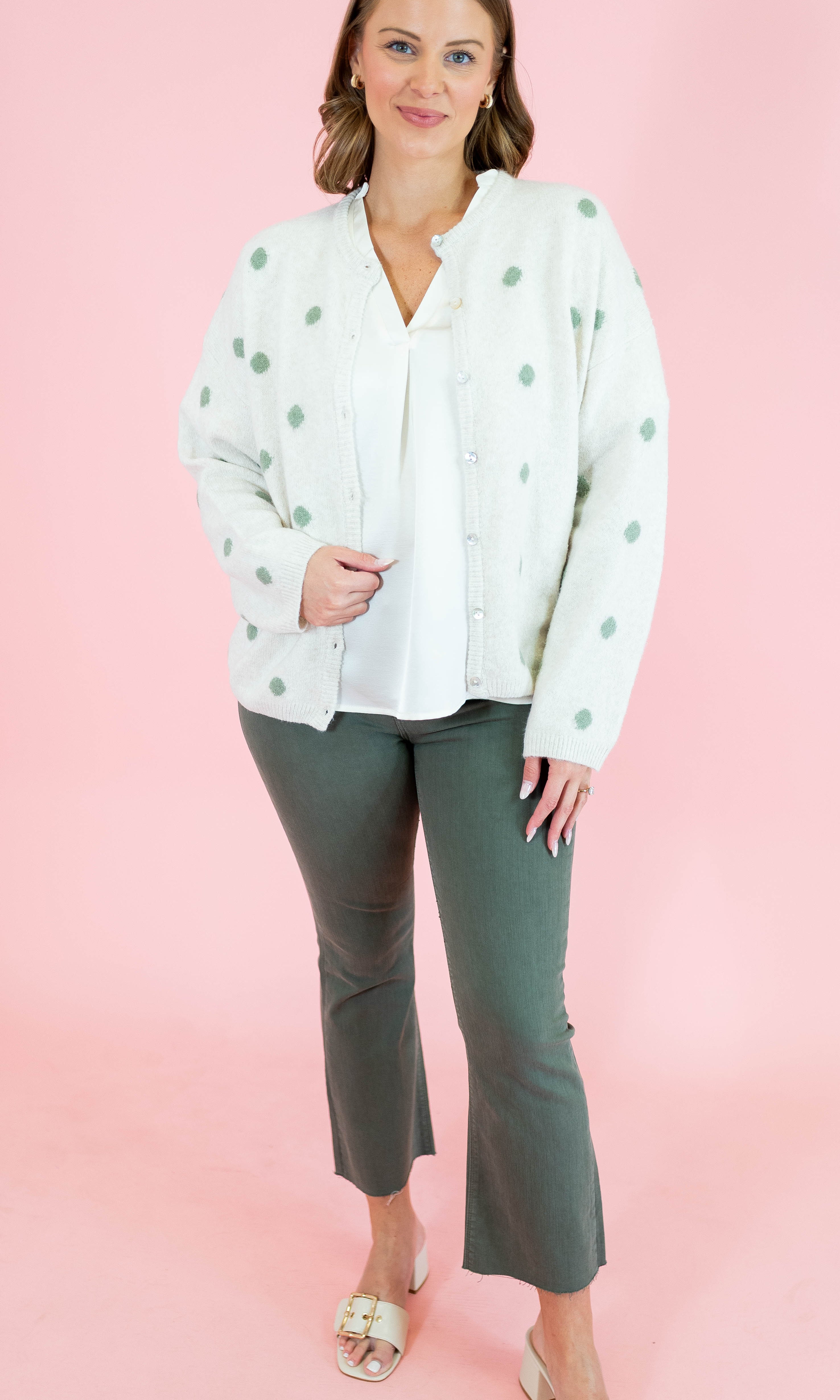 Crew Neck Polka Dot Sweater Cardigan - Ivory/Sage - Obsession Boutique