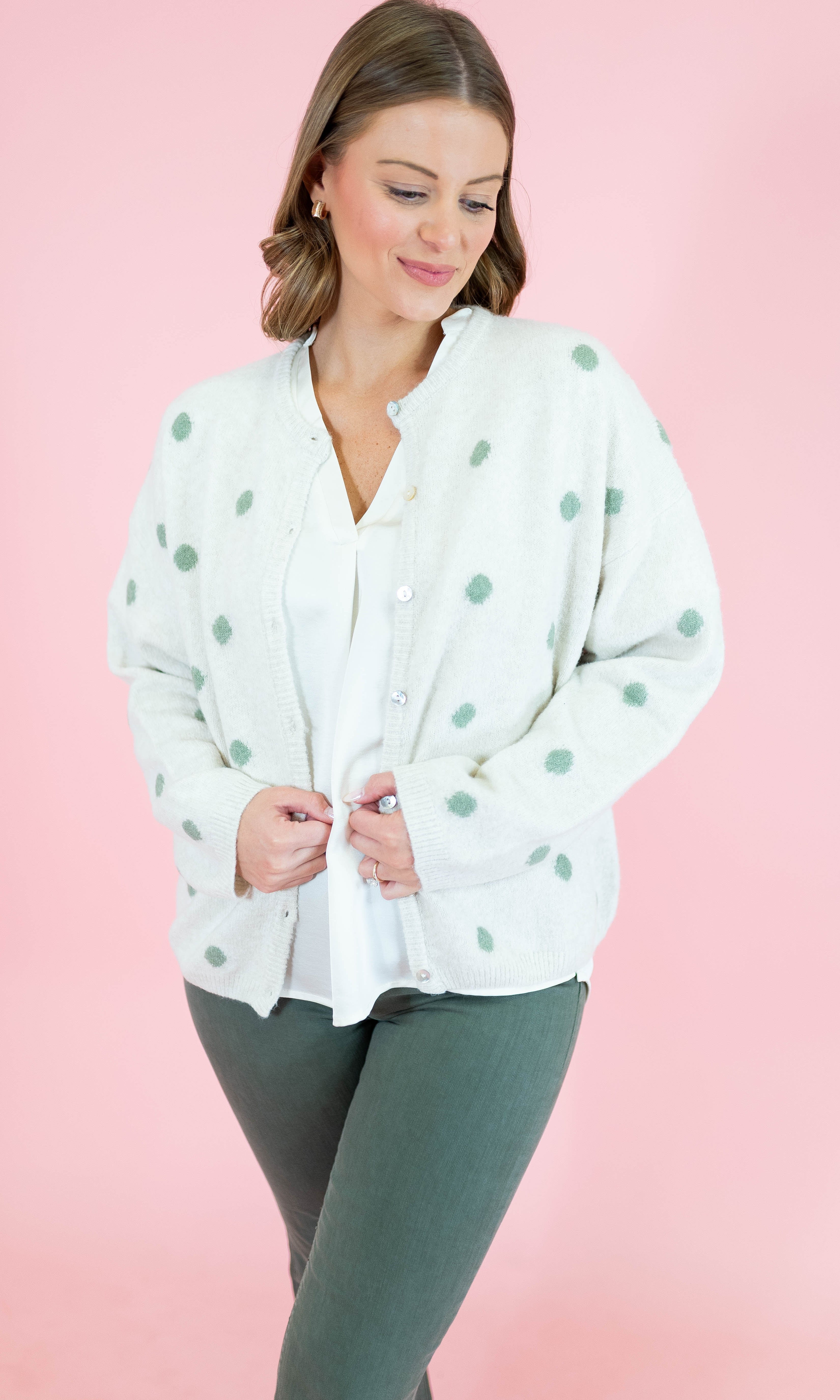 Crew Neck Polka Dot Sweater Cardigan - Ivory/Sage - Obsession Boutique