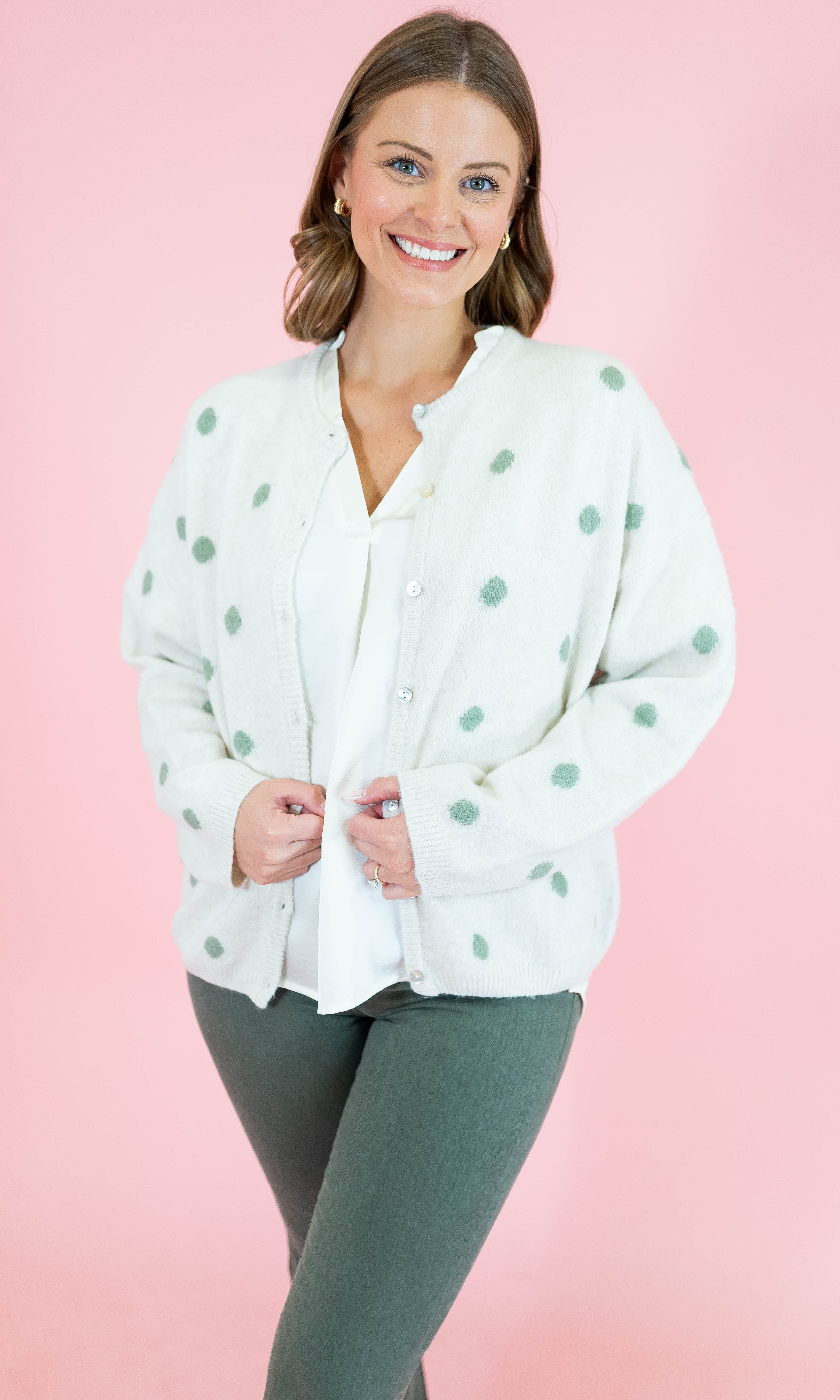 Crew Neck Polka Dot Sweater Cardigan - Ivory/Sage - Obsession Boutique