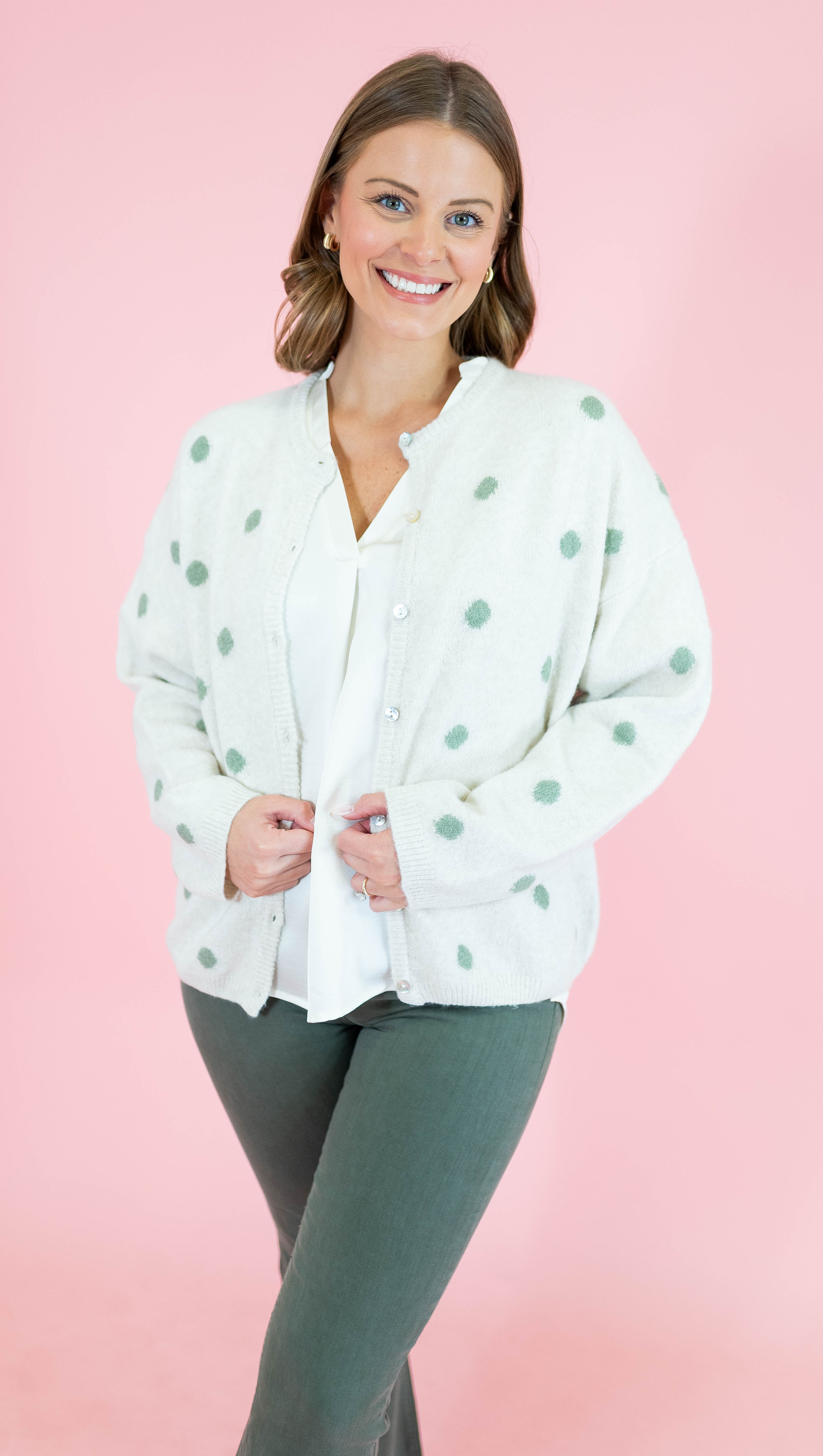 Crew Neck Polka Dot Sweater Cardigan - Ivory/Sage - Obsession Boutique