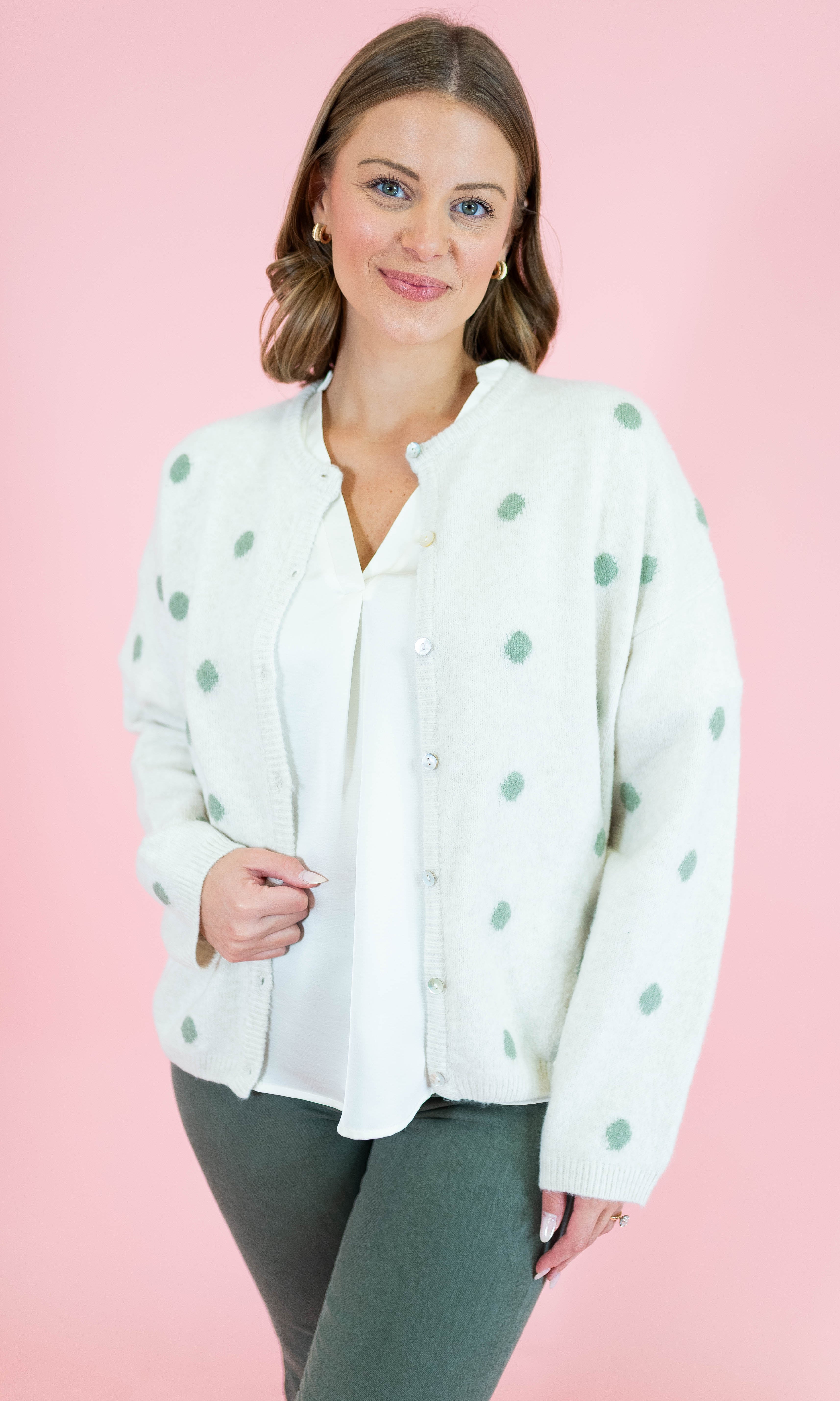 Crew Neck Polka Dot Sweater Cardigan - Ivory/Sage - Obsession Boutique