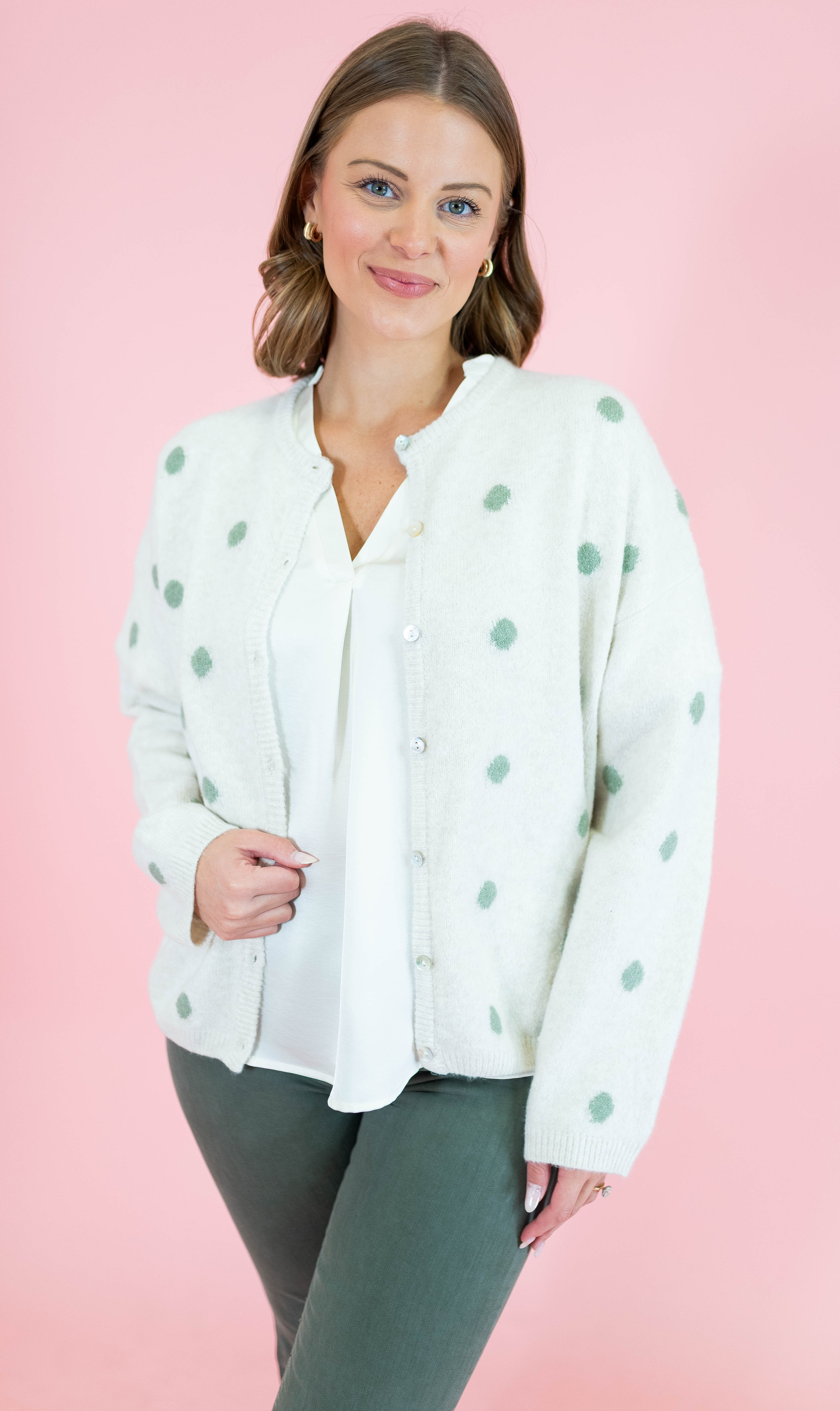 Crew Neck Polka Dot Sweater Cardigan - Ivory/Sage - Obsession Boutique