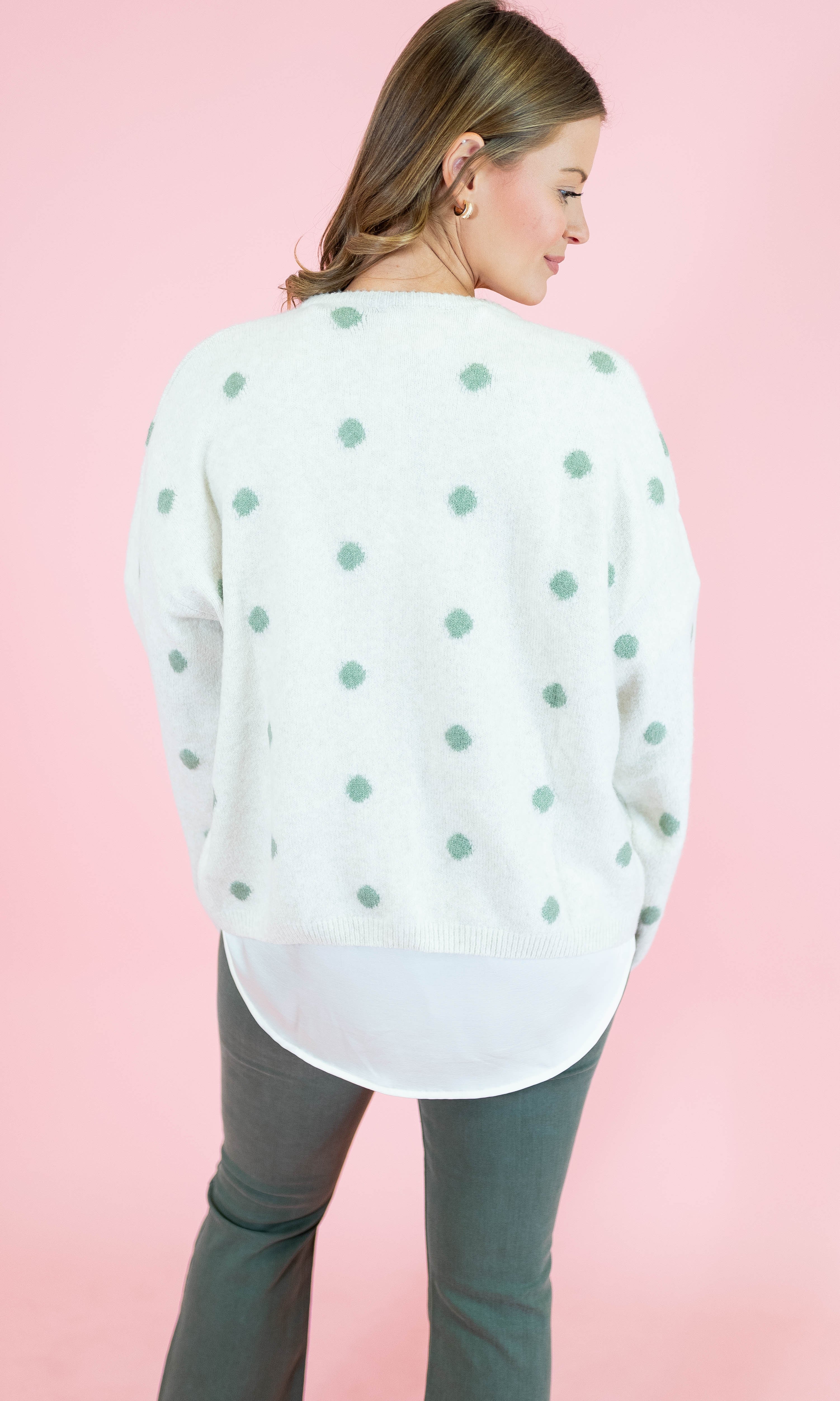 Crew Neck Polka Dot Sweater Cardigan - Ivory/Sage - Obsession Boutique