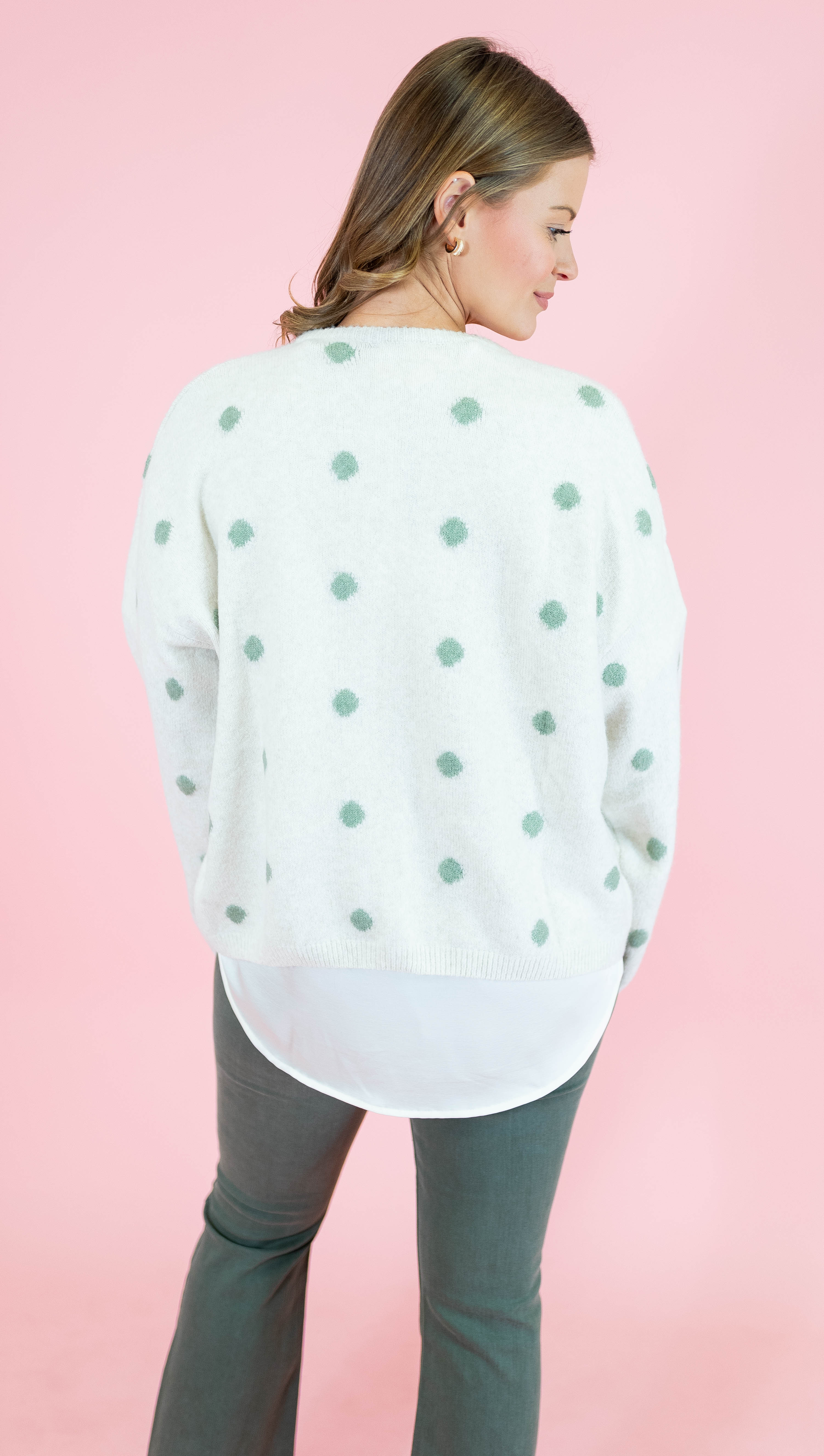 Crew Neck Polka Dot Sweater Cardigan - Ivory/Sage - Obsession Boutique