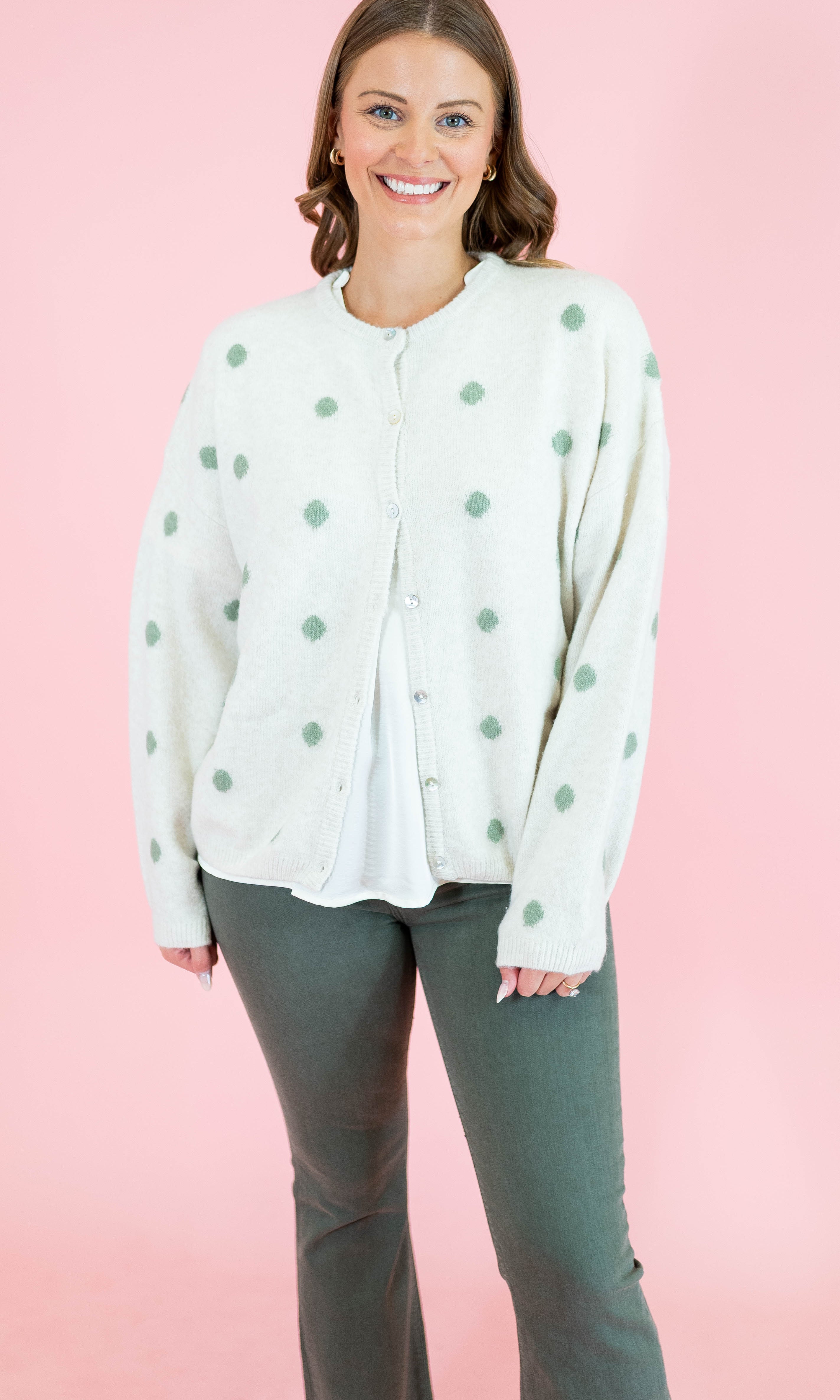 Crew Neck Polka Dot Sweater Cardigan - Ivory/Sage - Obsession Boutique