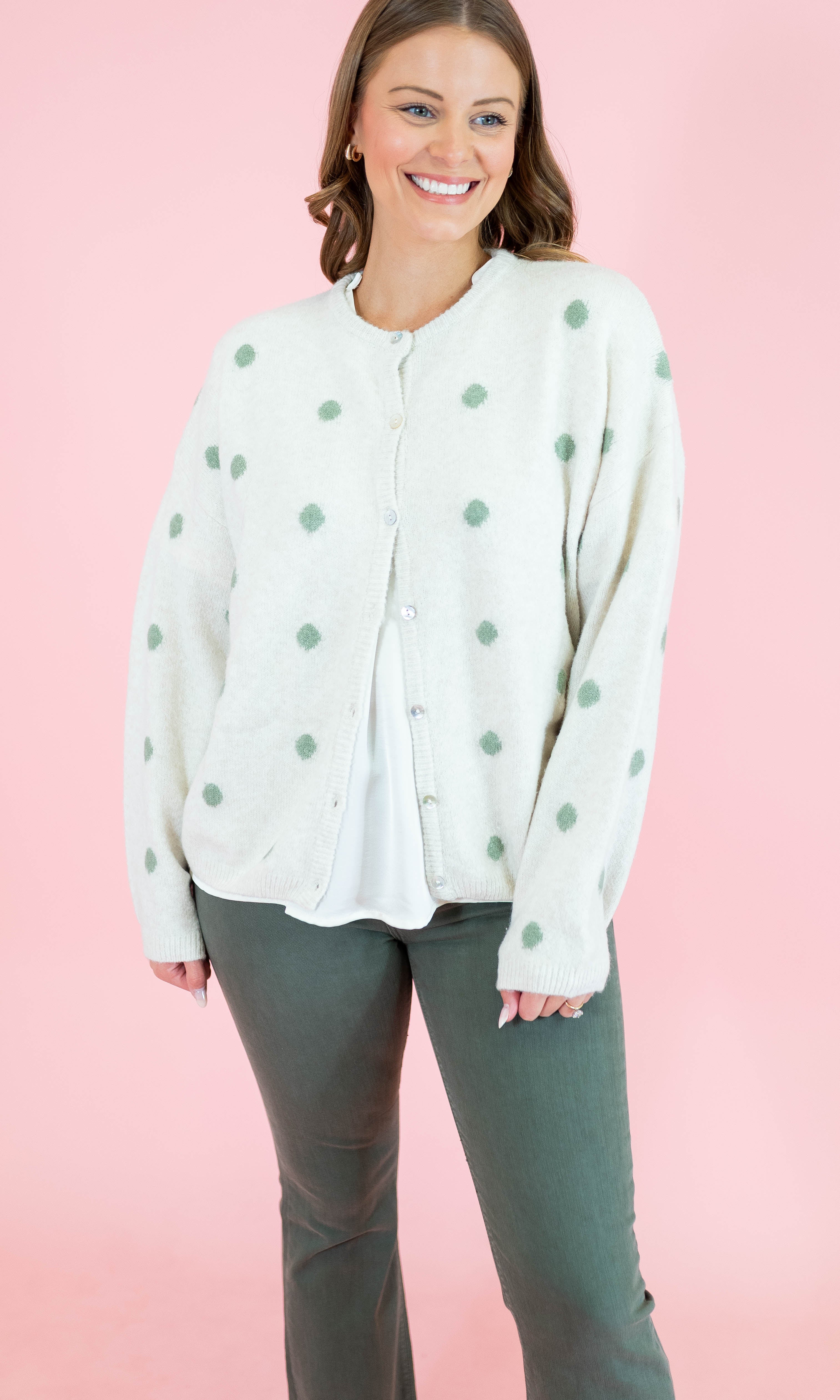Crew Neck Polka Dot Sweater Cardigan - Ivory/Sage - Obsession Boutique