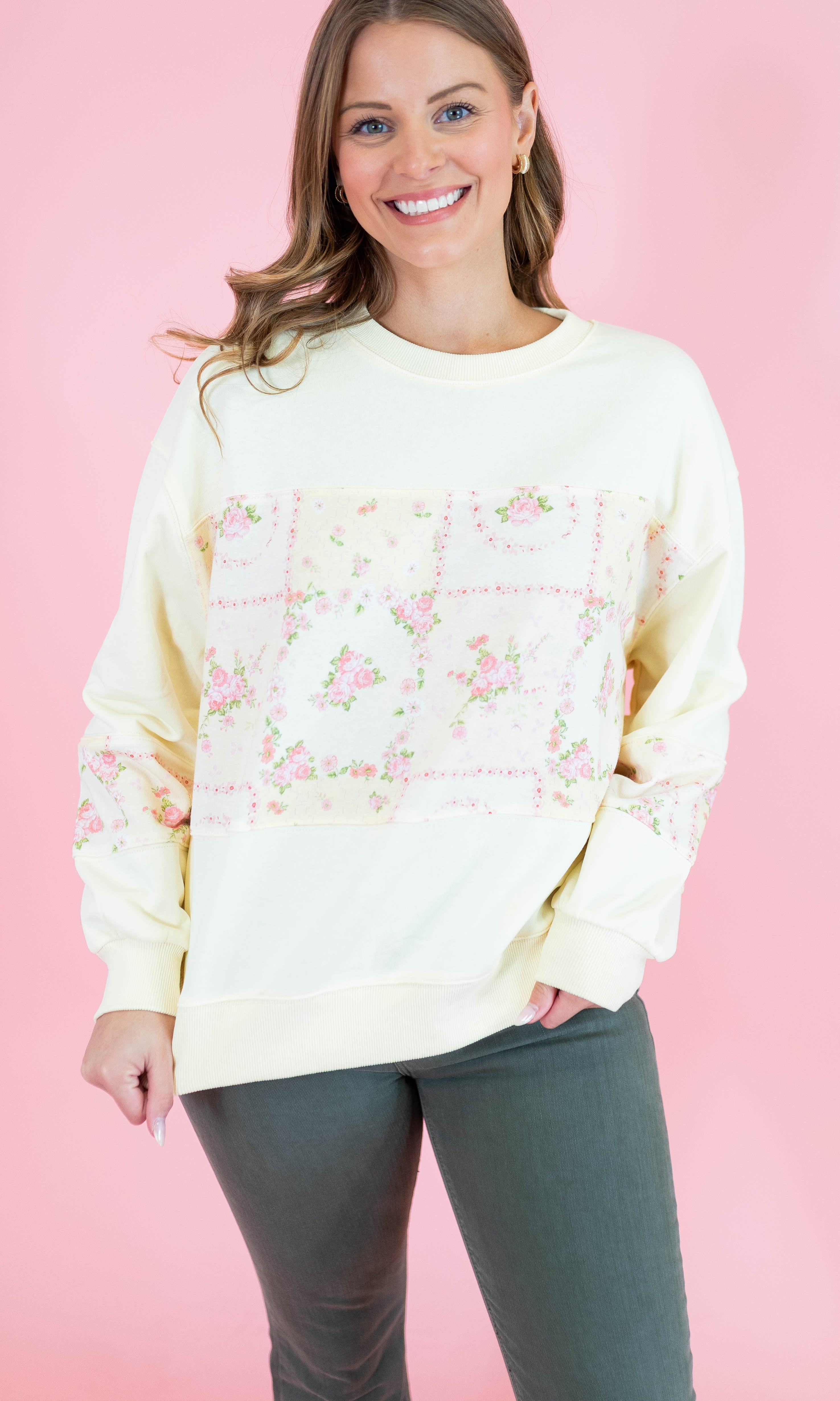 Floral Patch Work Terry Pullover - Obsession Boutique