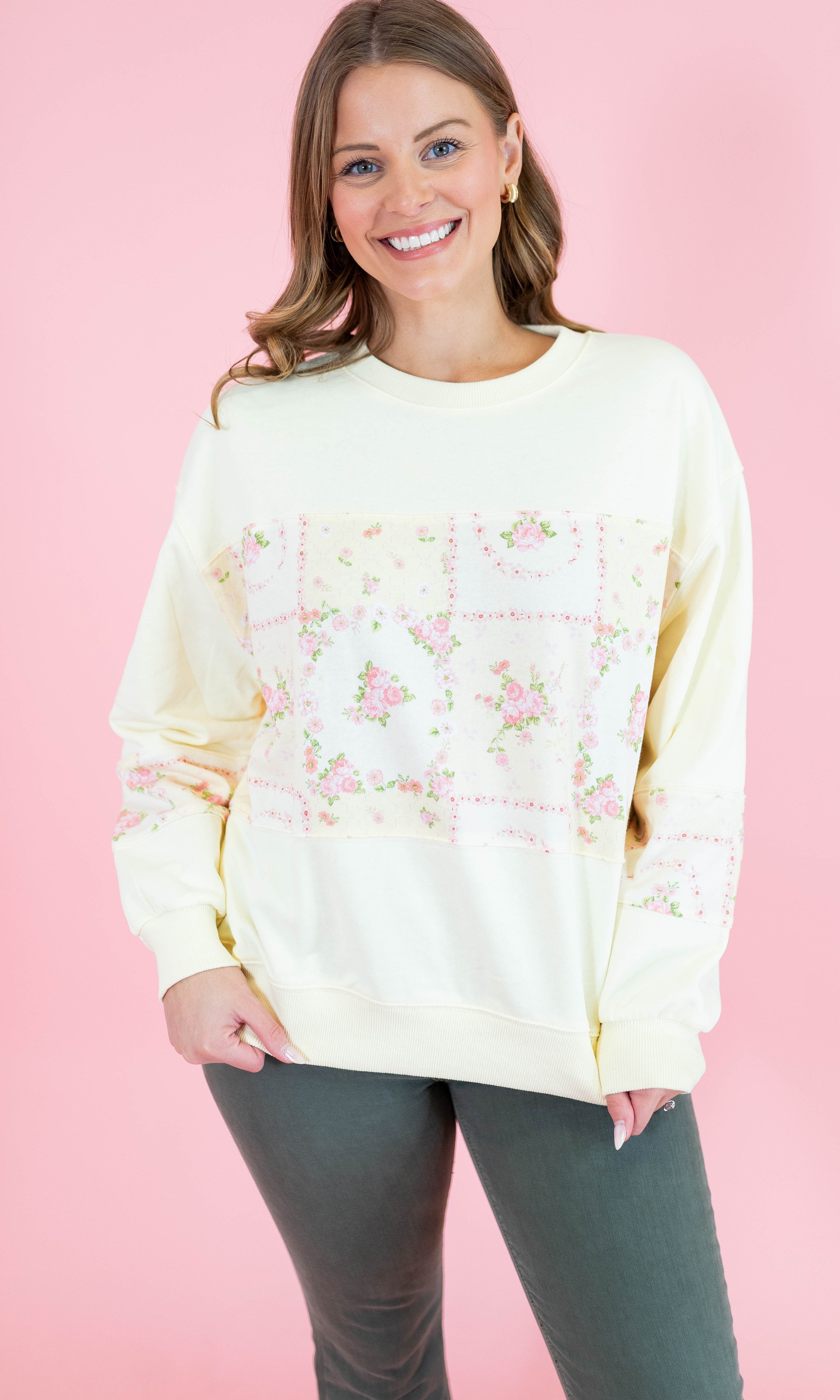 Floral Patch Work Terry Pullover - Obsession Boutique