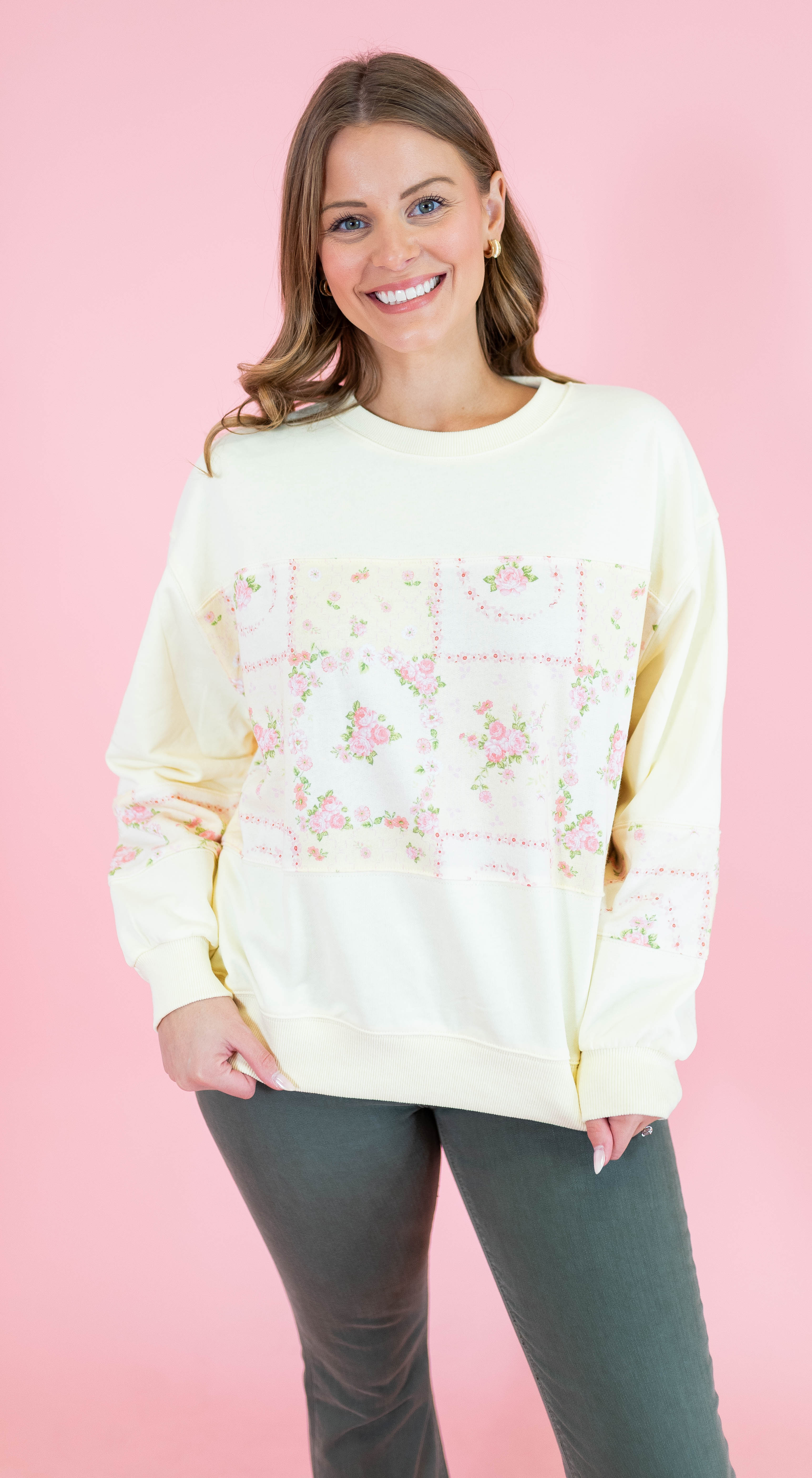 Floral Patch Work Terry Pullover - Obsession Boutique