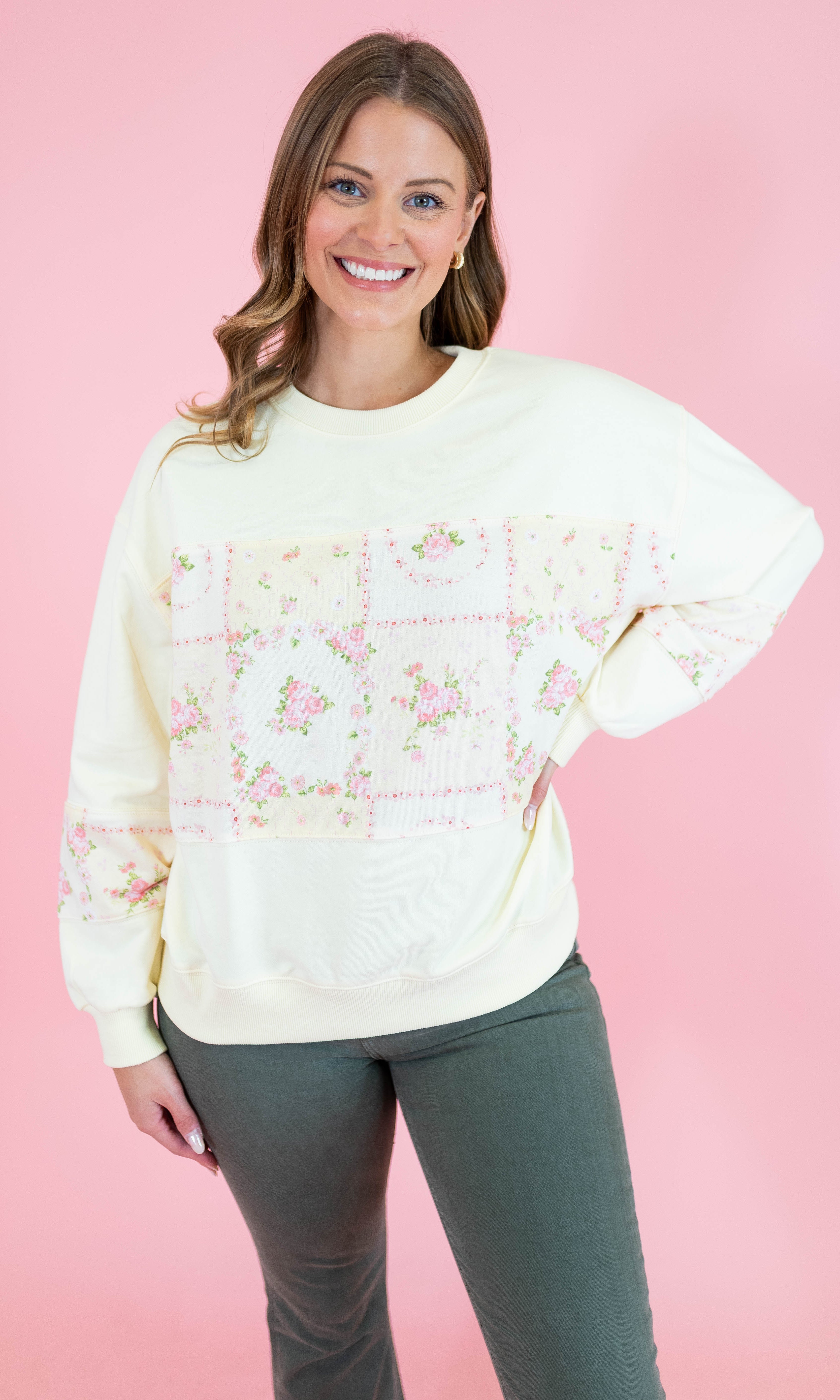 Floral Patch Work Terry Pullover - Obsession Boutique