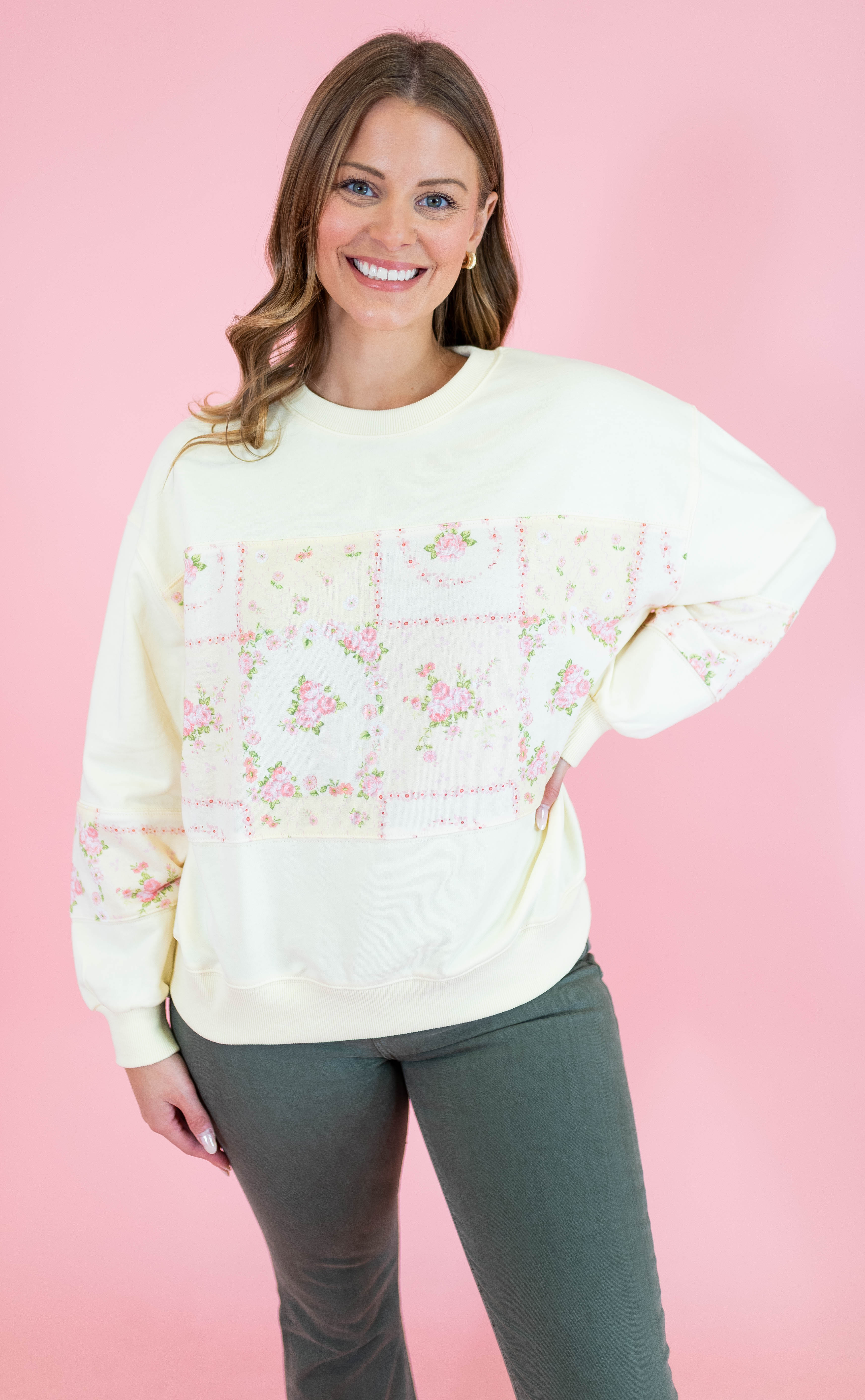 Floral Patch Work Terry Pullover - Obsession Boutique