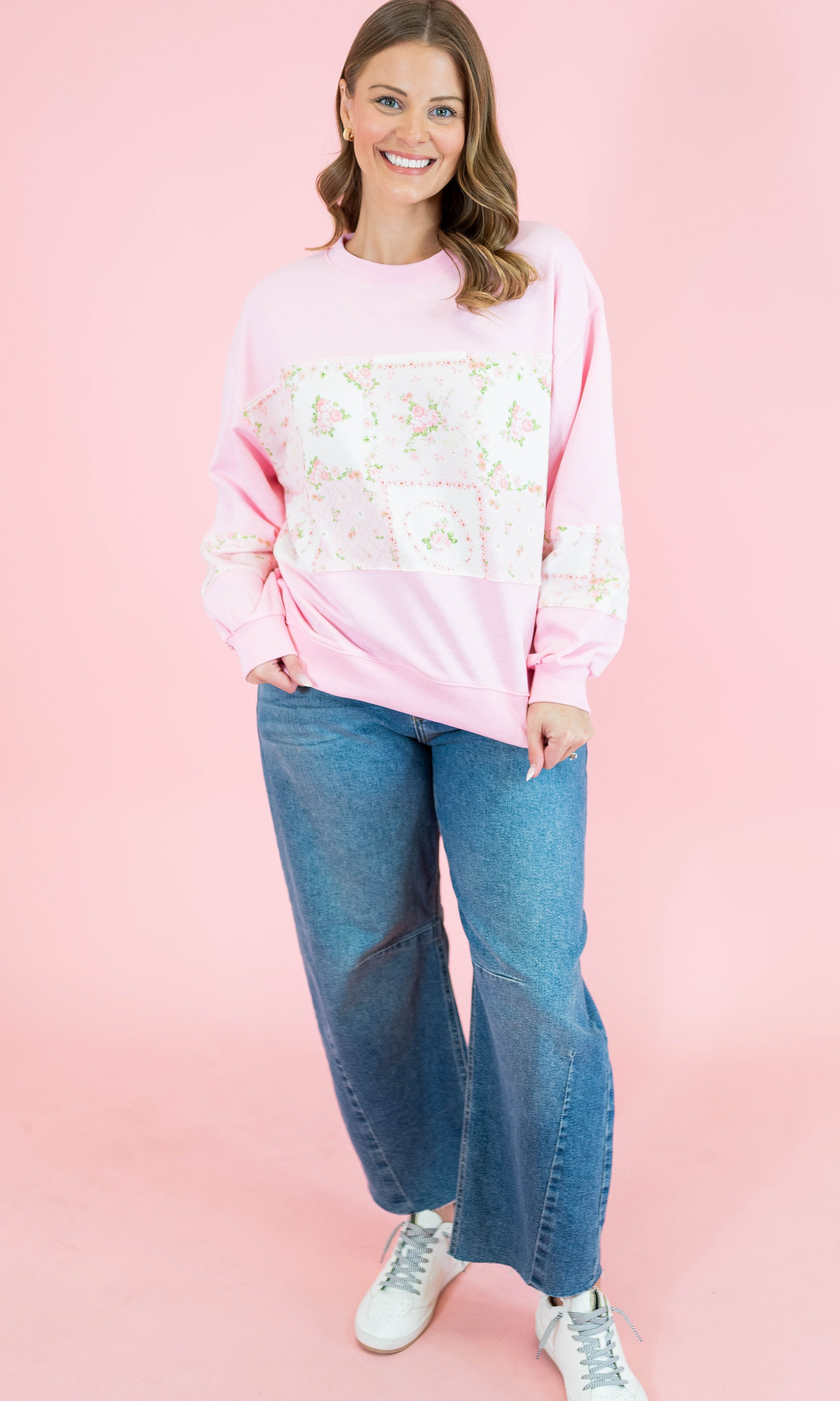 Floral Patch Work Terry Pullover - Obsession Boutique