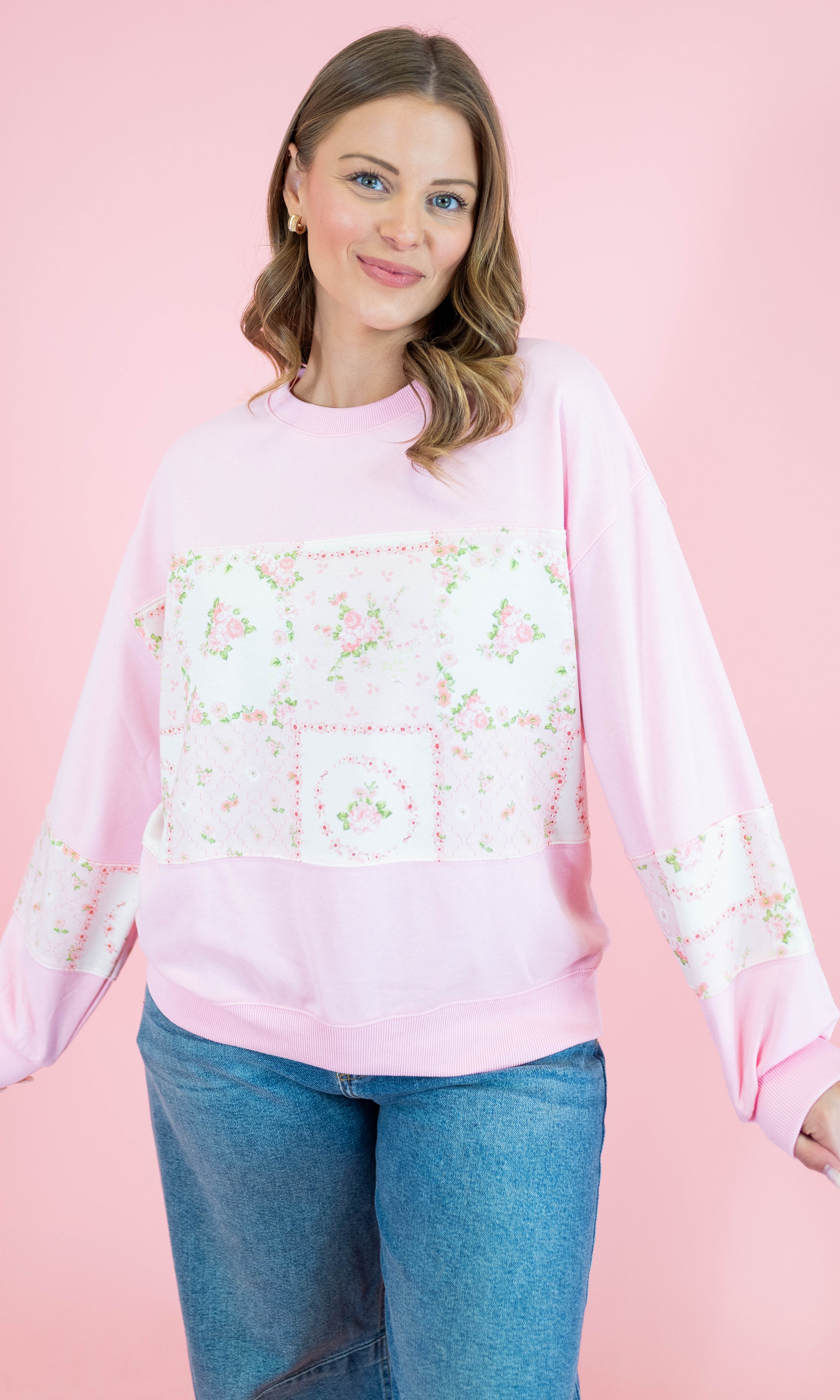 Floral Patch Work Terry Pullover - Obsession Boutique