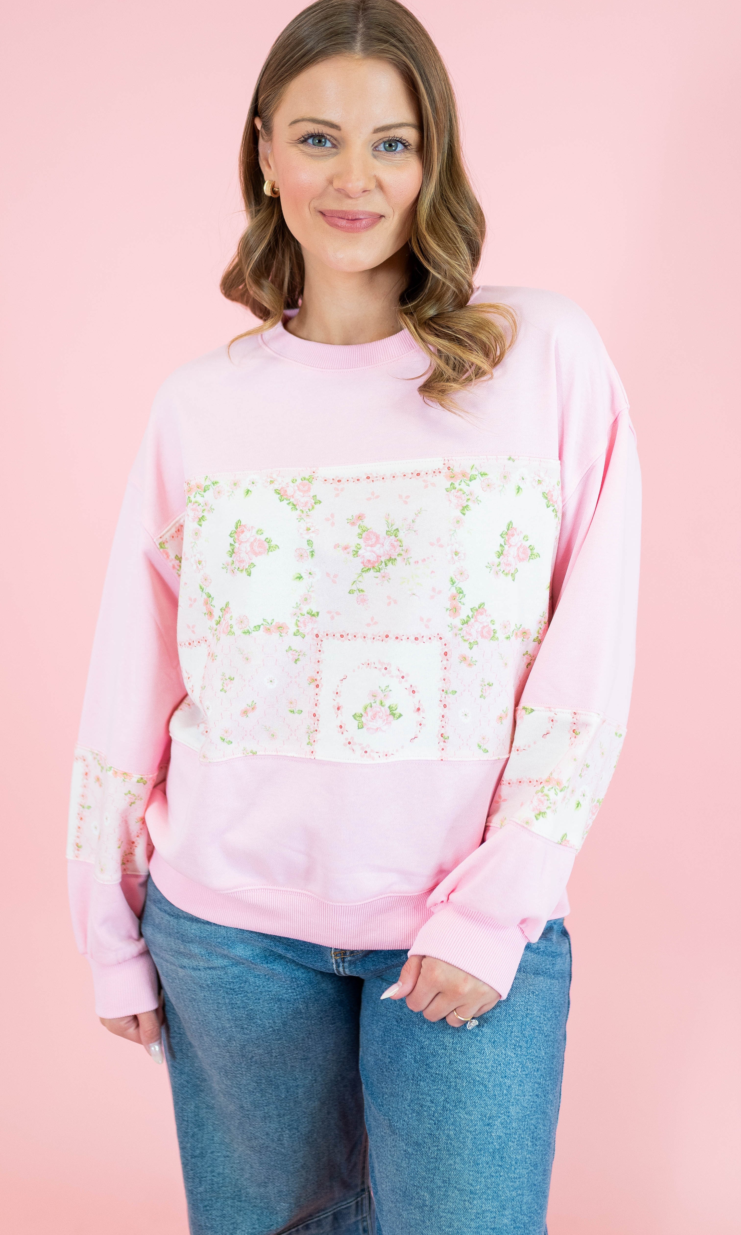 Floral Patch Work Terry Pullover - Obsession Boutique