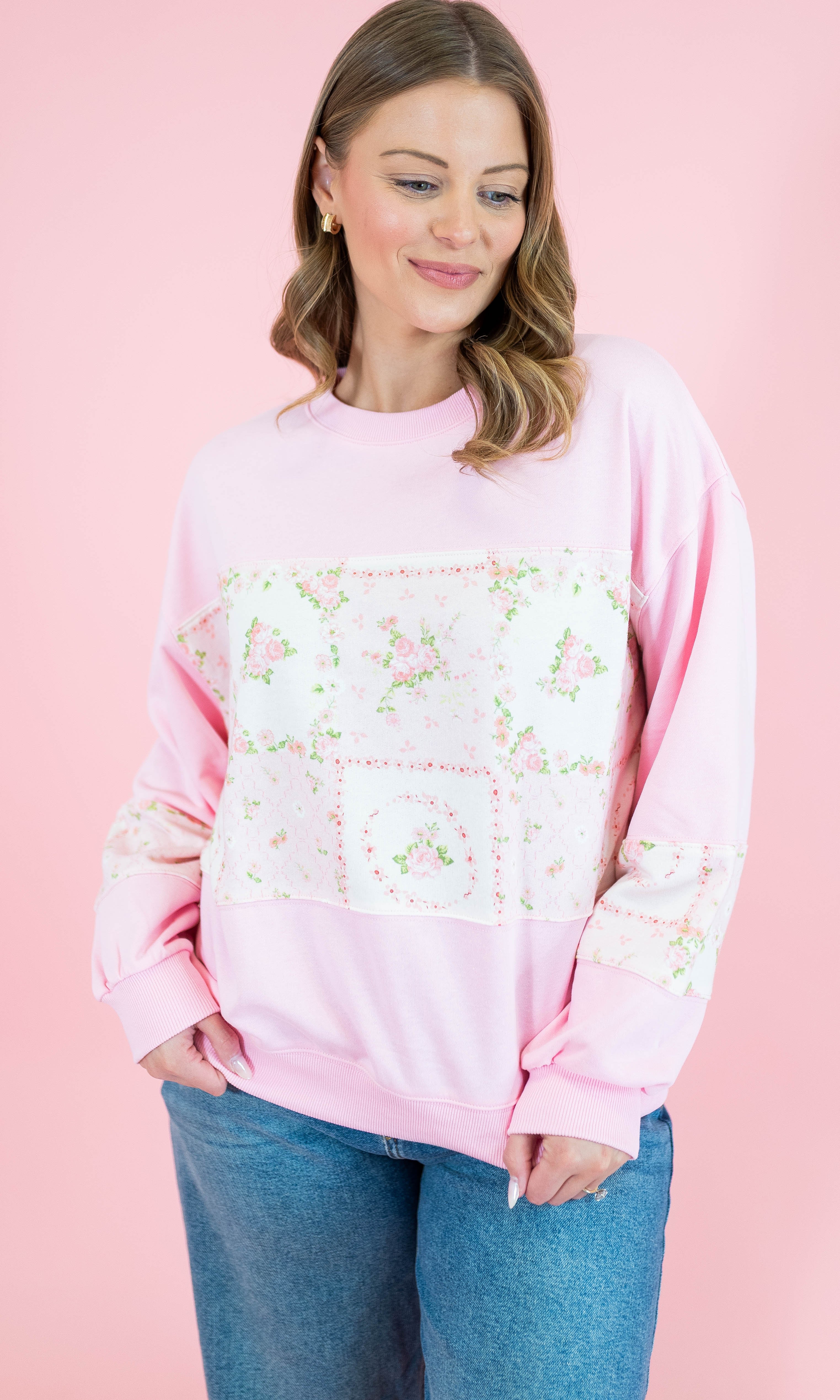 Floral Patch Work Terry Pullover - Obsession Boutique