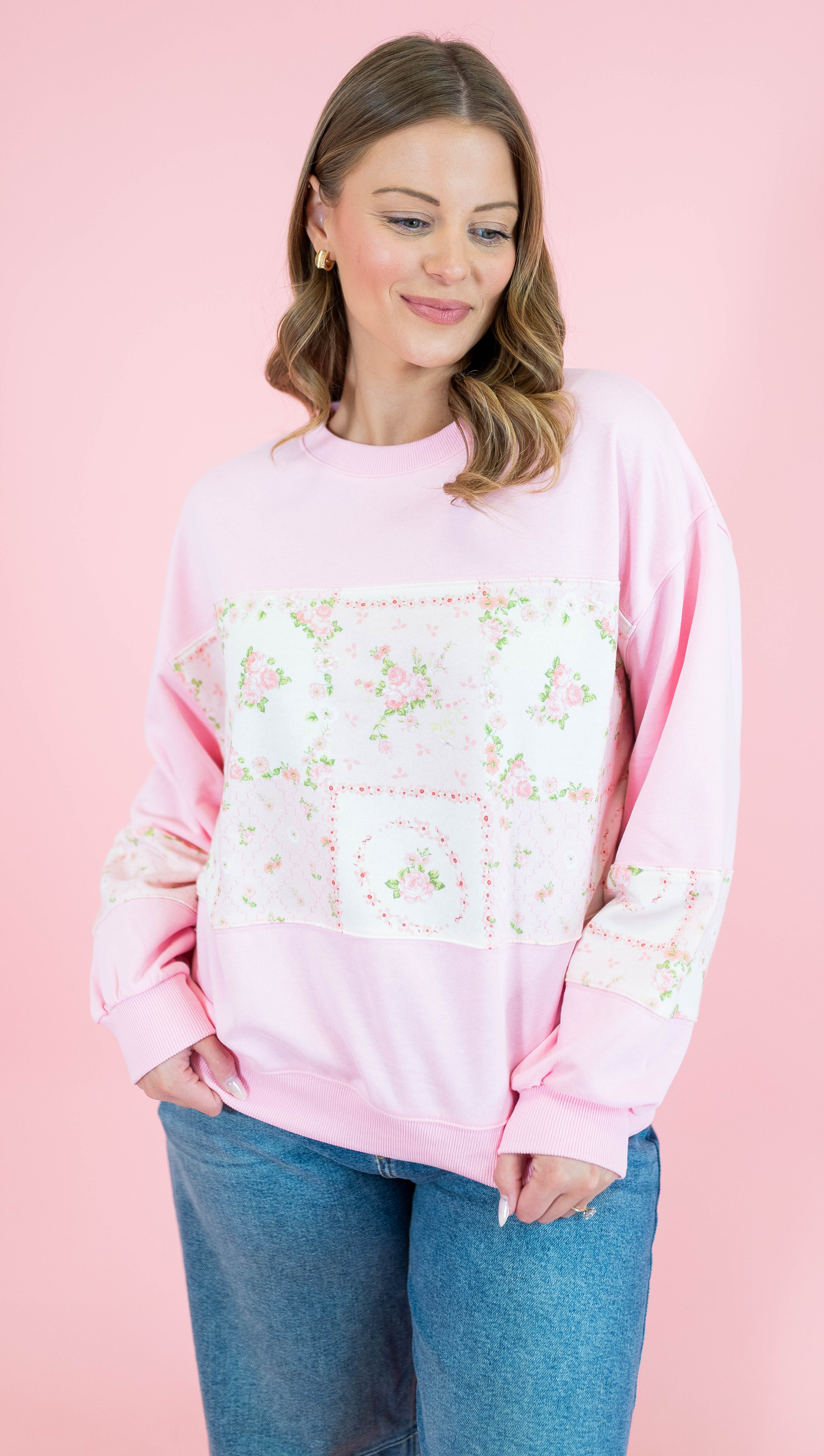 Floral Patch Work Terry Pullover - Obsession Boutique