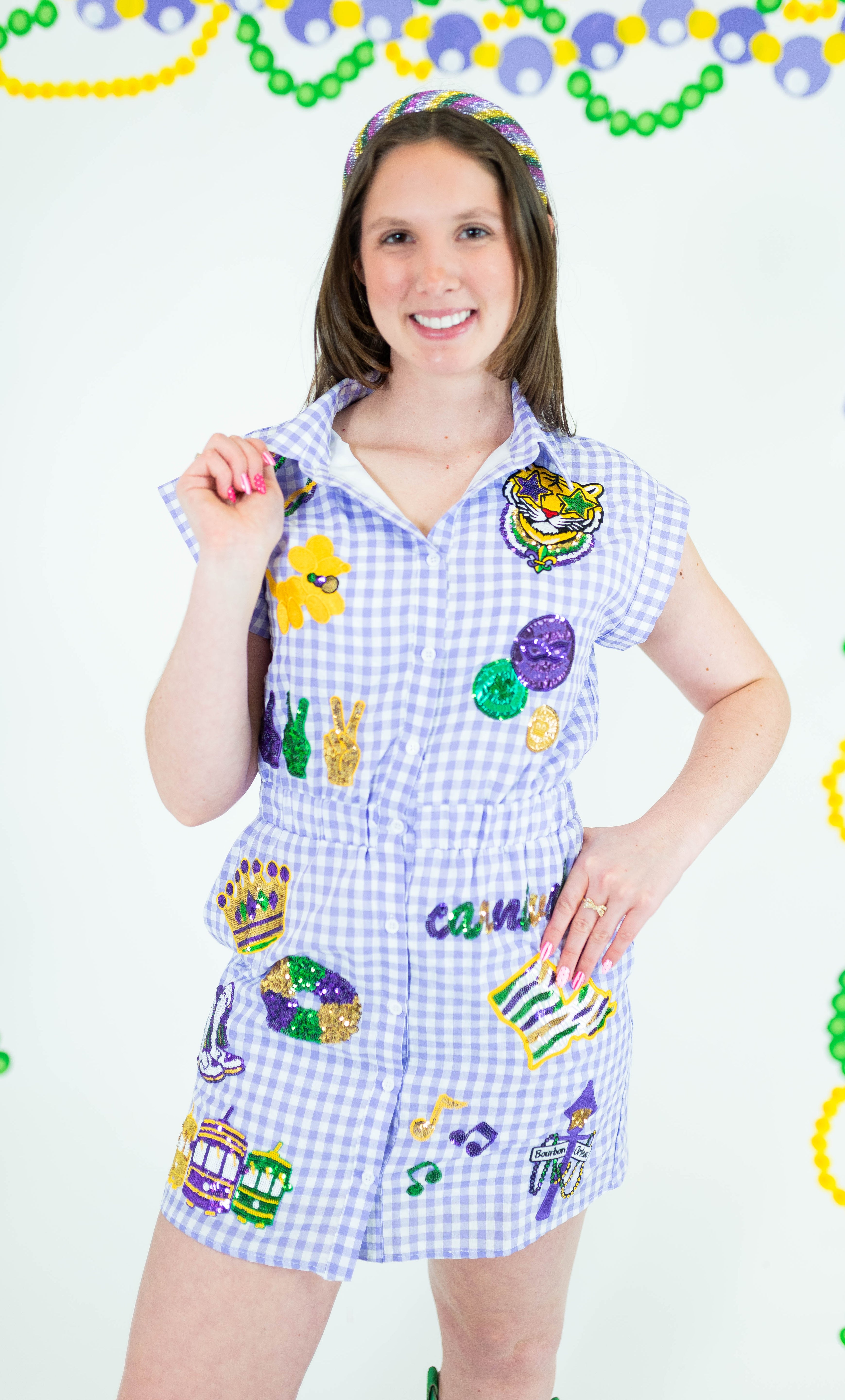 Mardi Gras Gingham Sequin Patch Dress - Obsession Boutique