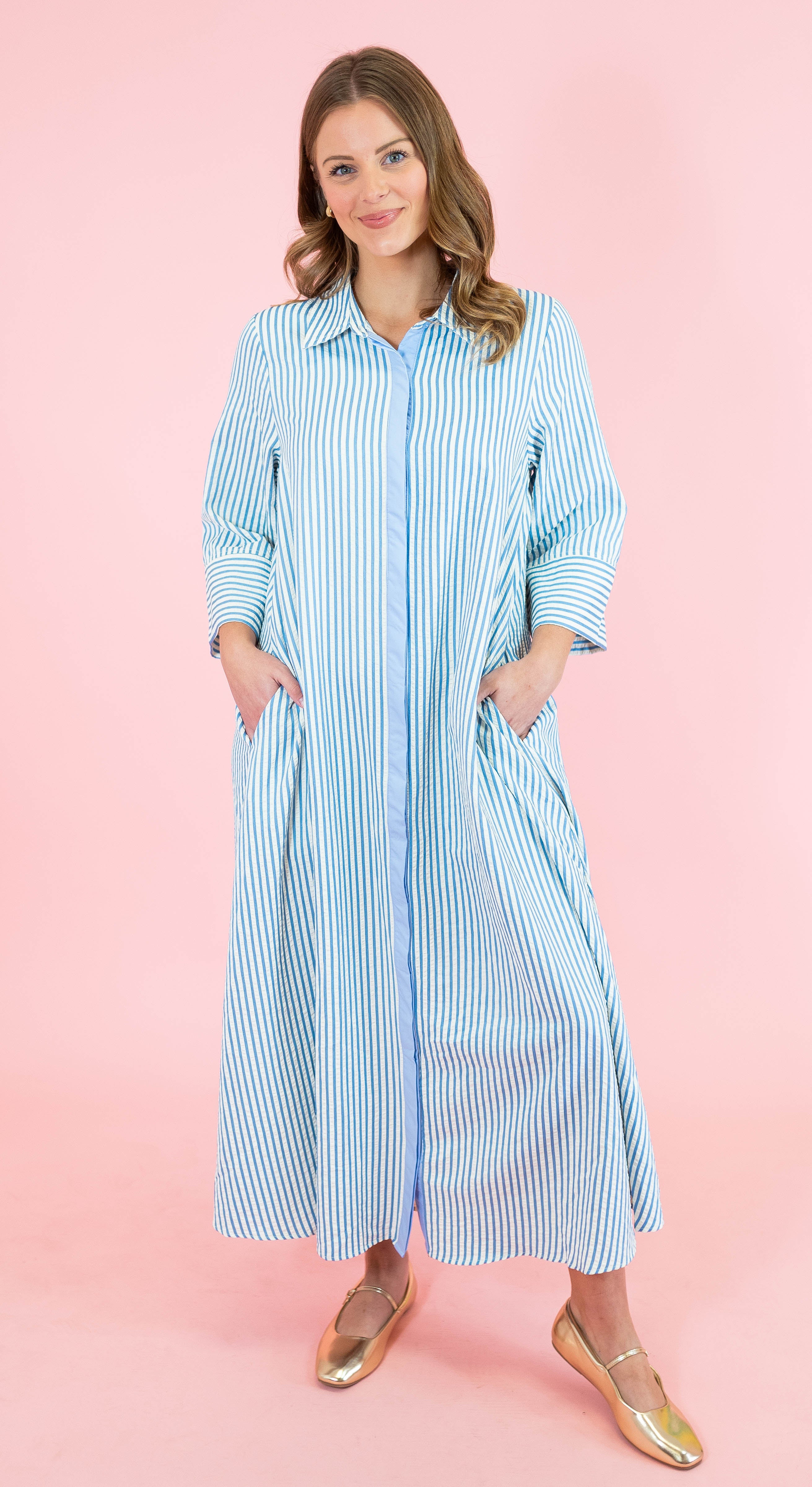 Textured Striped 3/4 Sleeve Midi Dress - Obsession Boutique