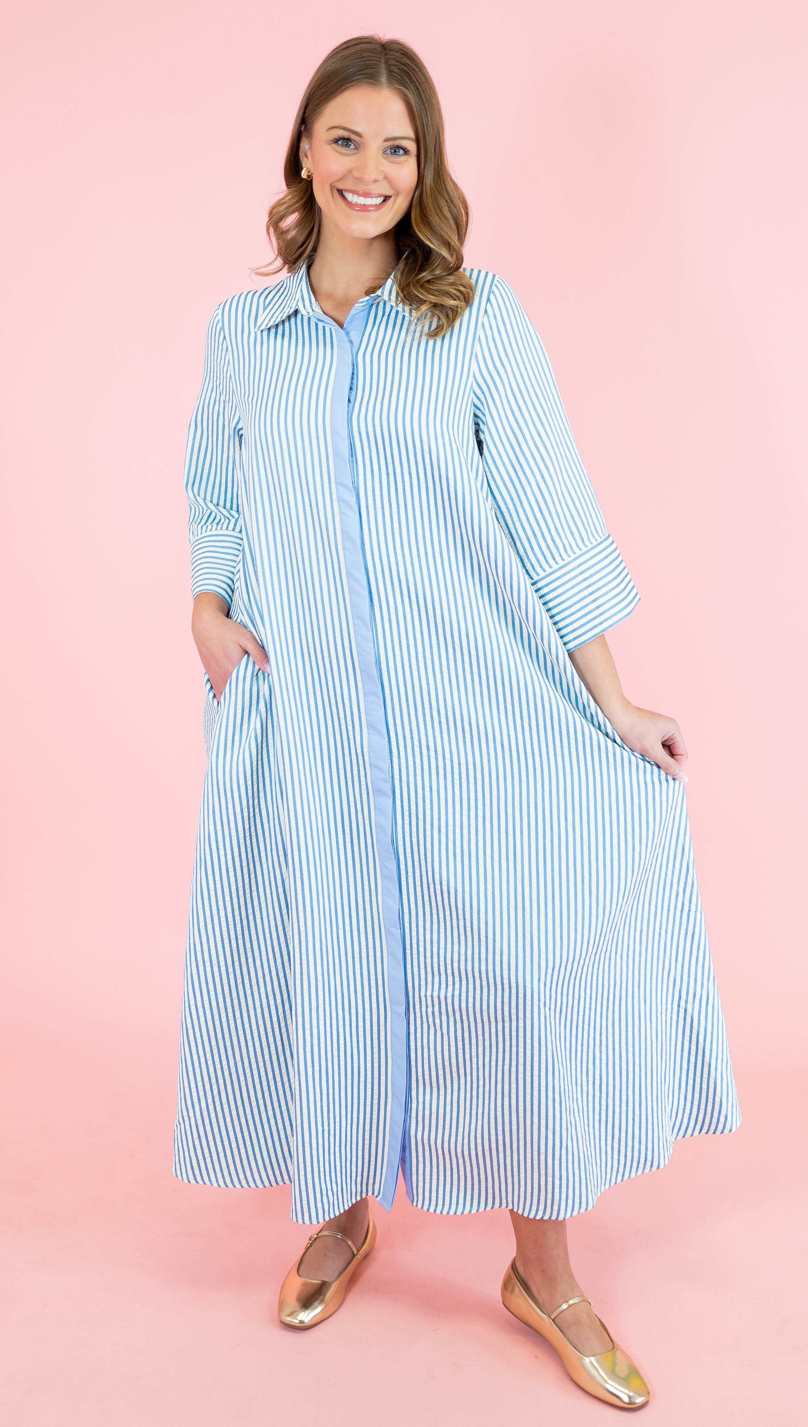 Textured Striped 3/4 Sleeve Midi Dress - Obsession Boutique