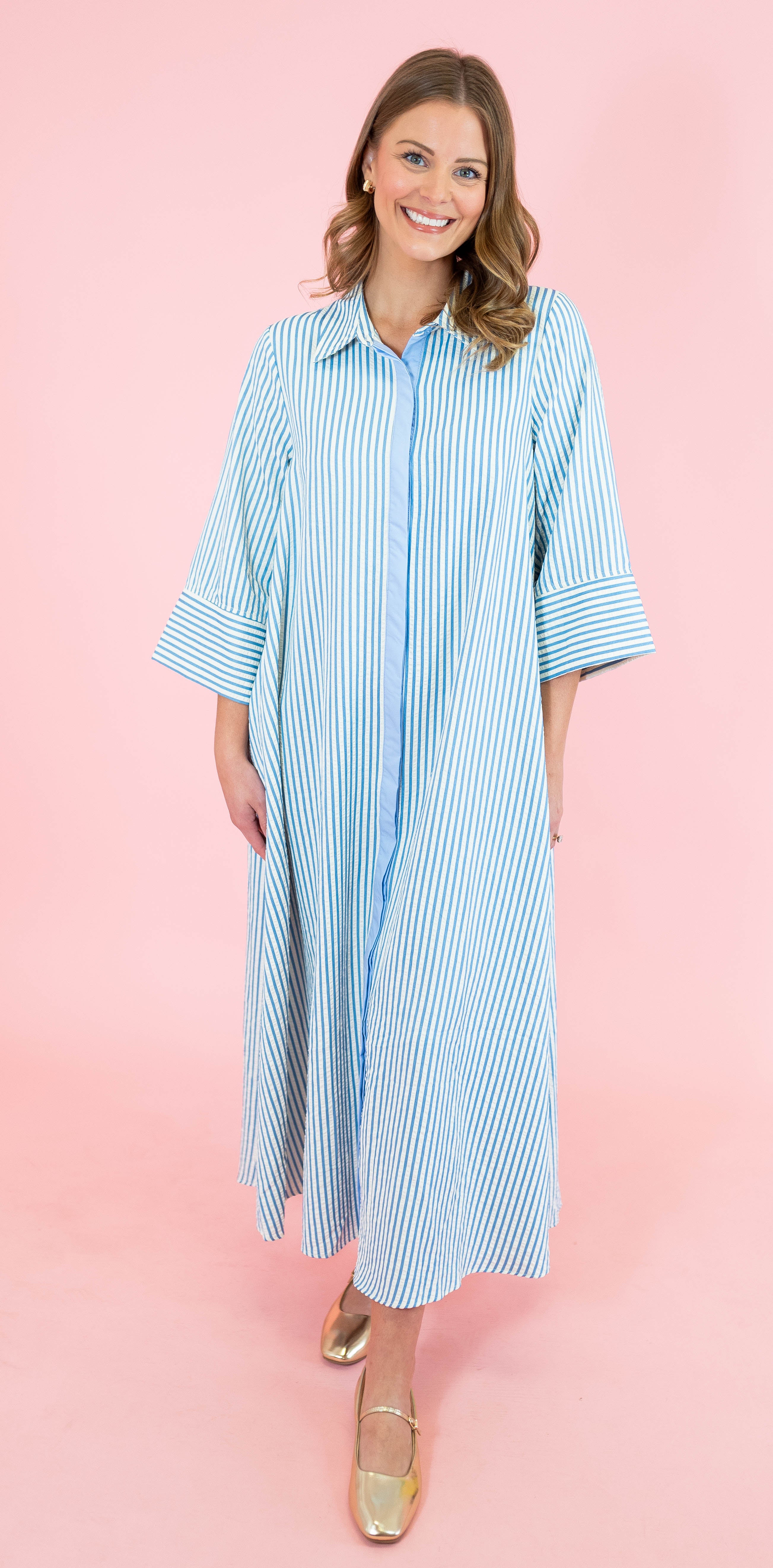 Textured Striped 3/4 Sleeve Midi Dress - Obsession Boutique