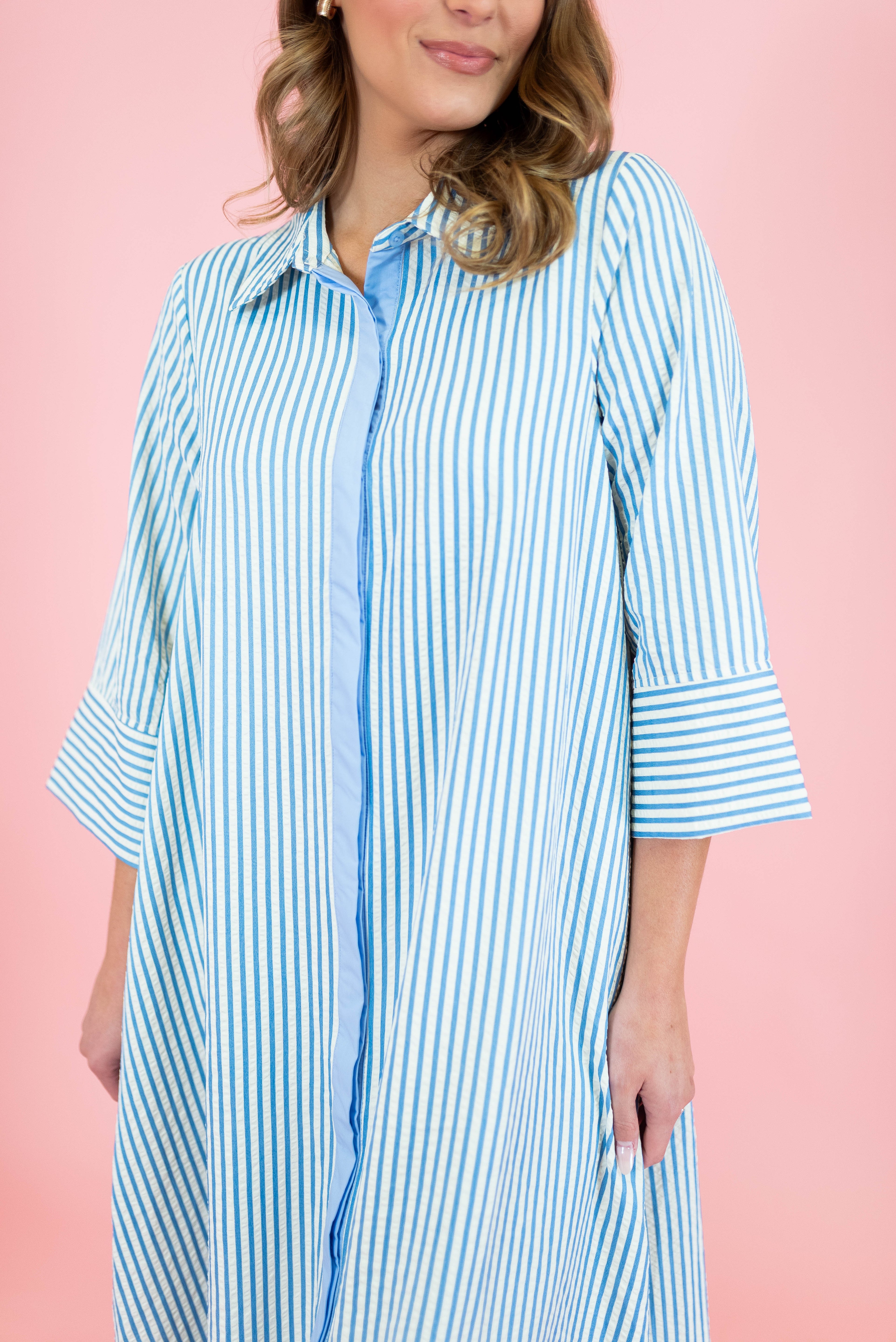 Textured Striped 3/4 Sleeve Midi Dress - Obsession Boutique