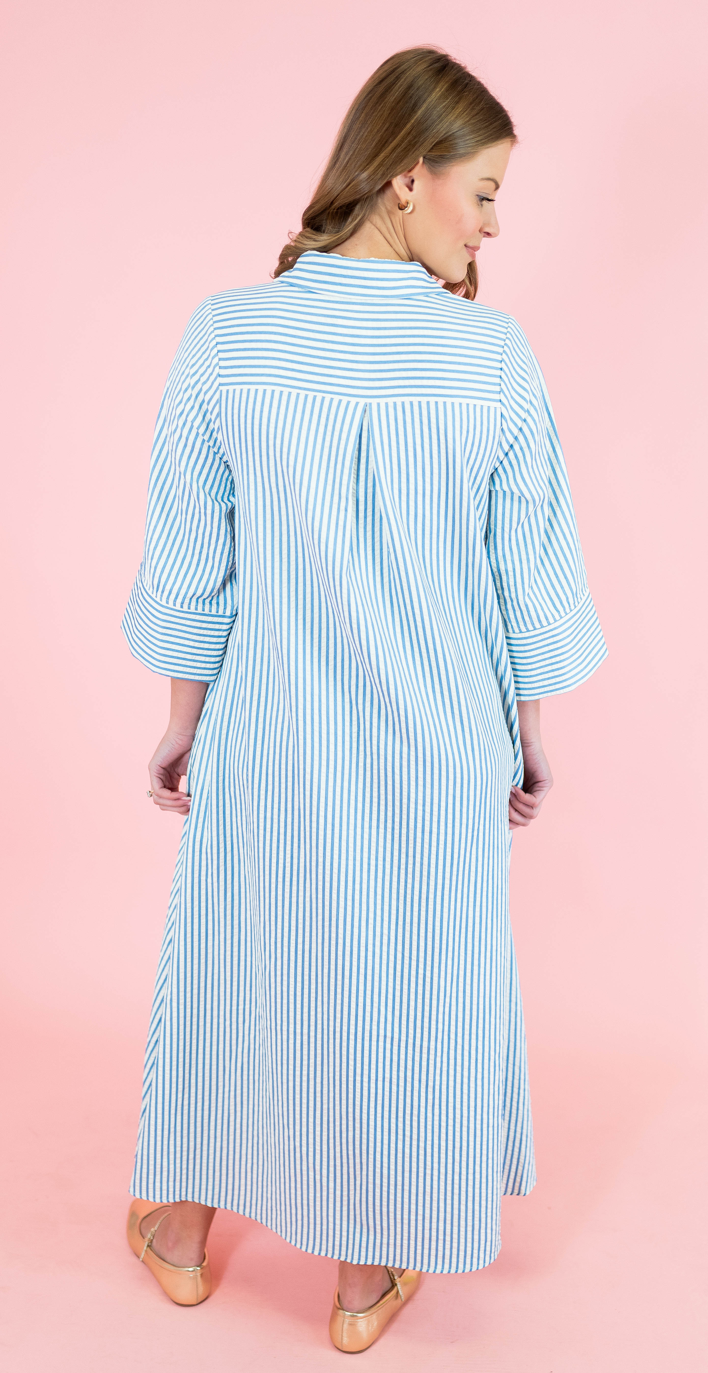 Textured Striped 3/4 Sleeve Midi Dress - Obsession Boutique