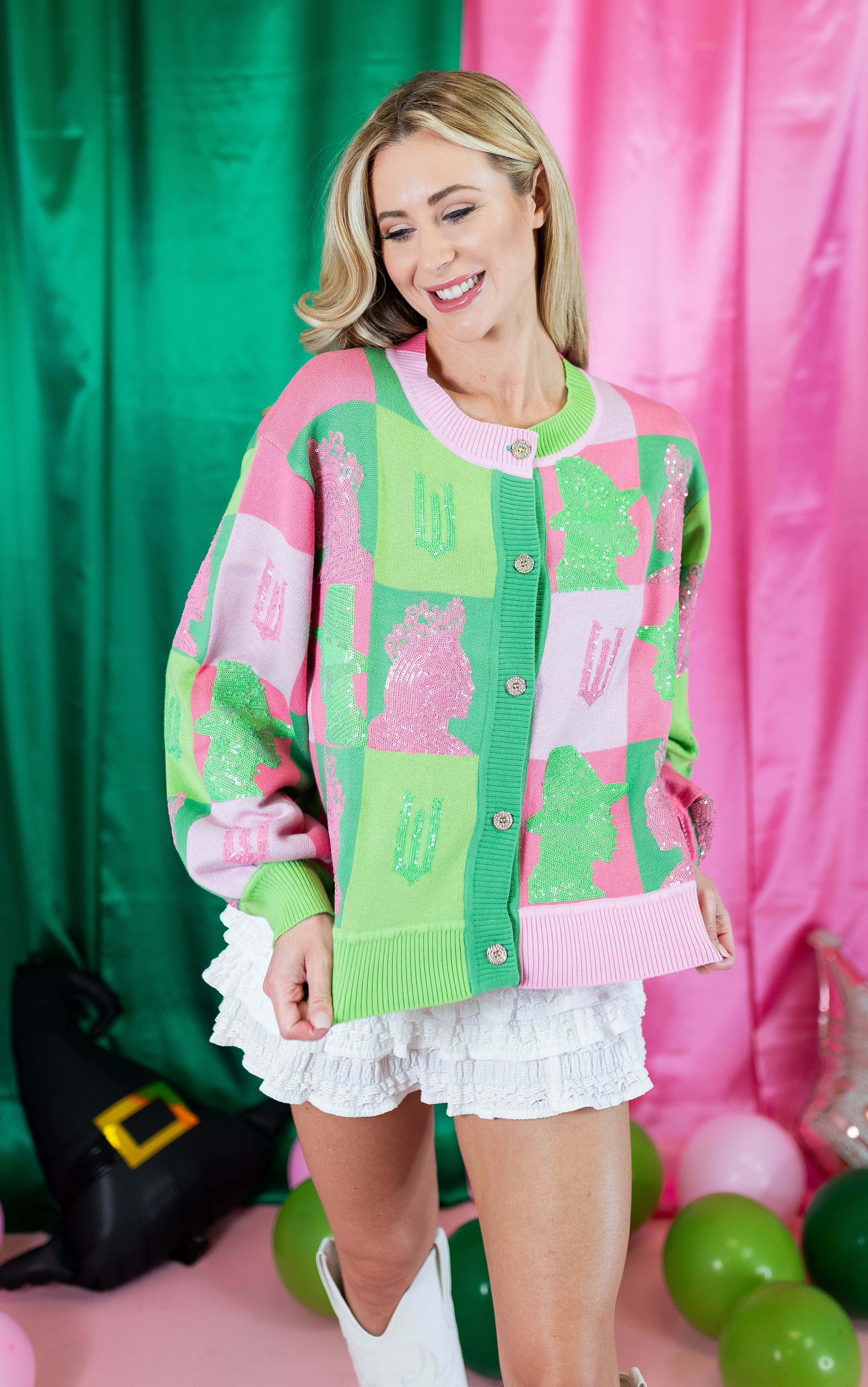 Queen Of Sparkles: Licensed Colorblock Glinda & Elphaba Profile Cardigan - Obsession Boutique