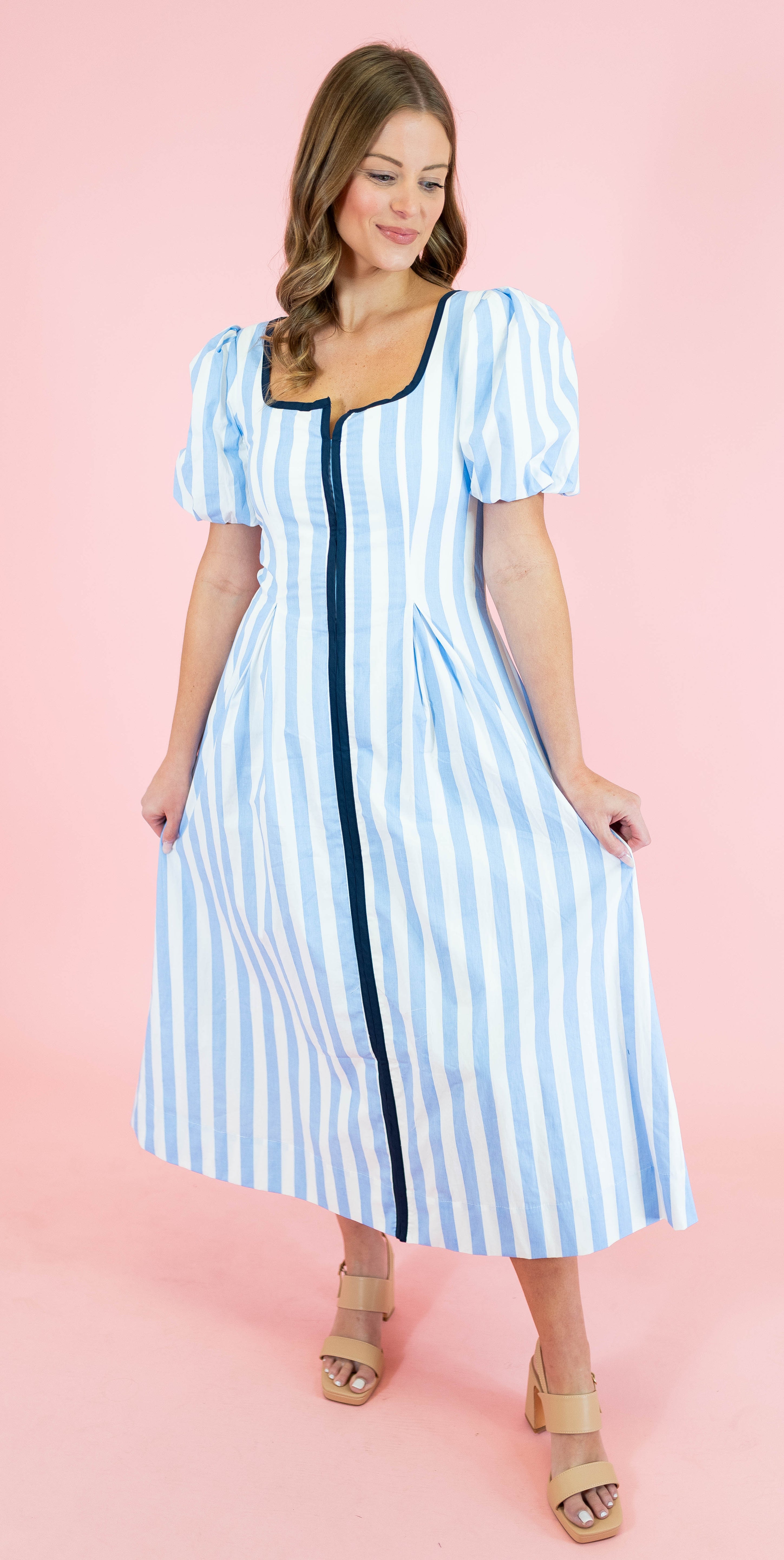 Striped Contrast Piping Detail Midi Dress - Blue - Obsession Boutique