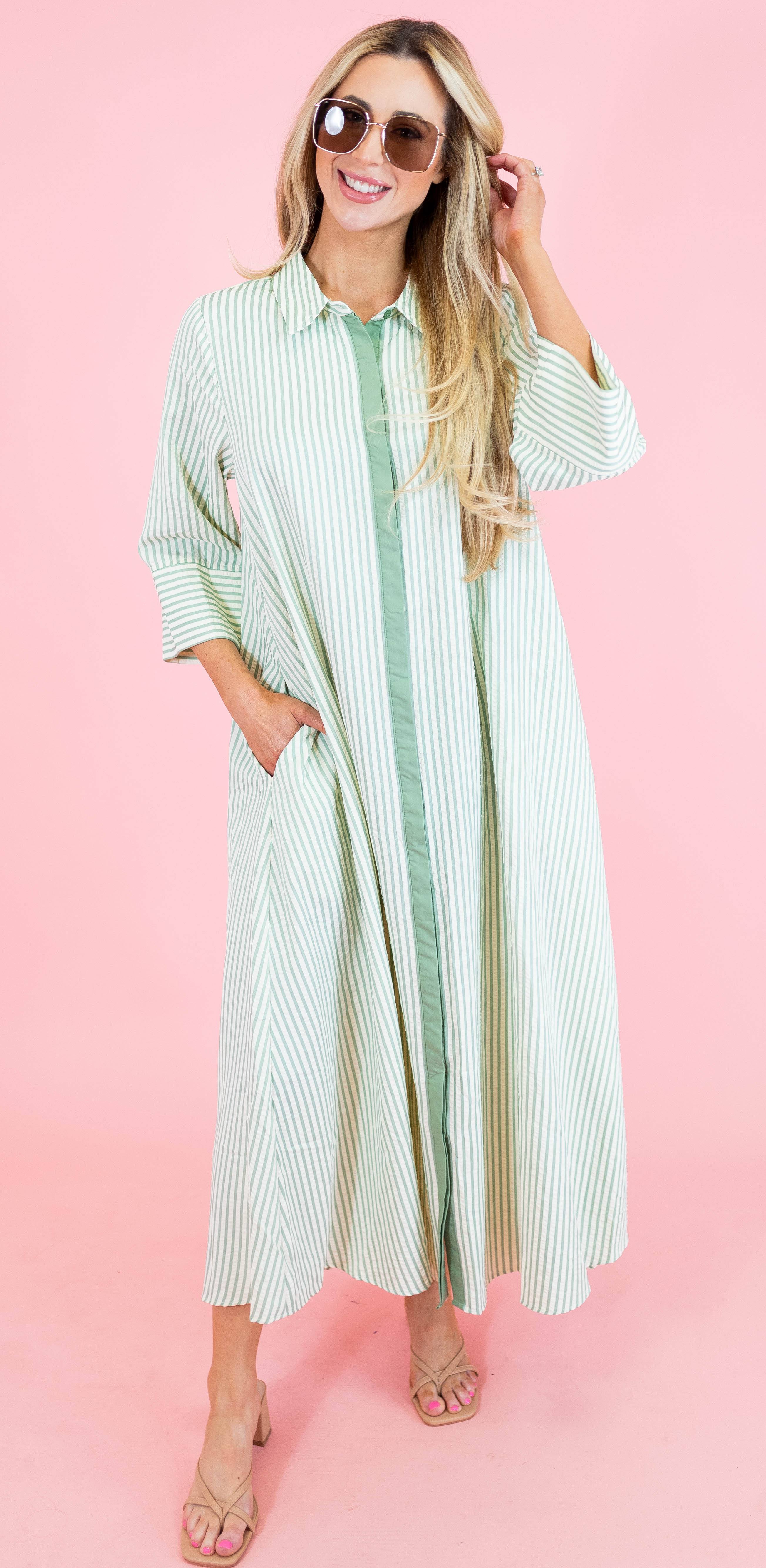 Textured Striped 3/4 Sleeve Midi Dress - Obsession Boutique
