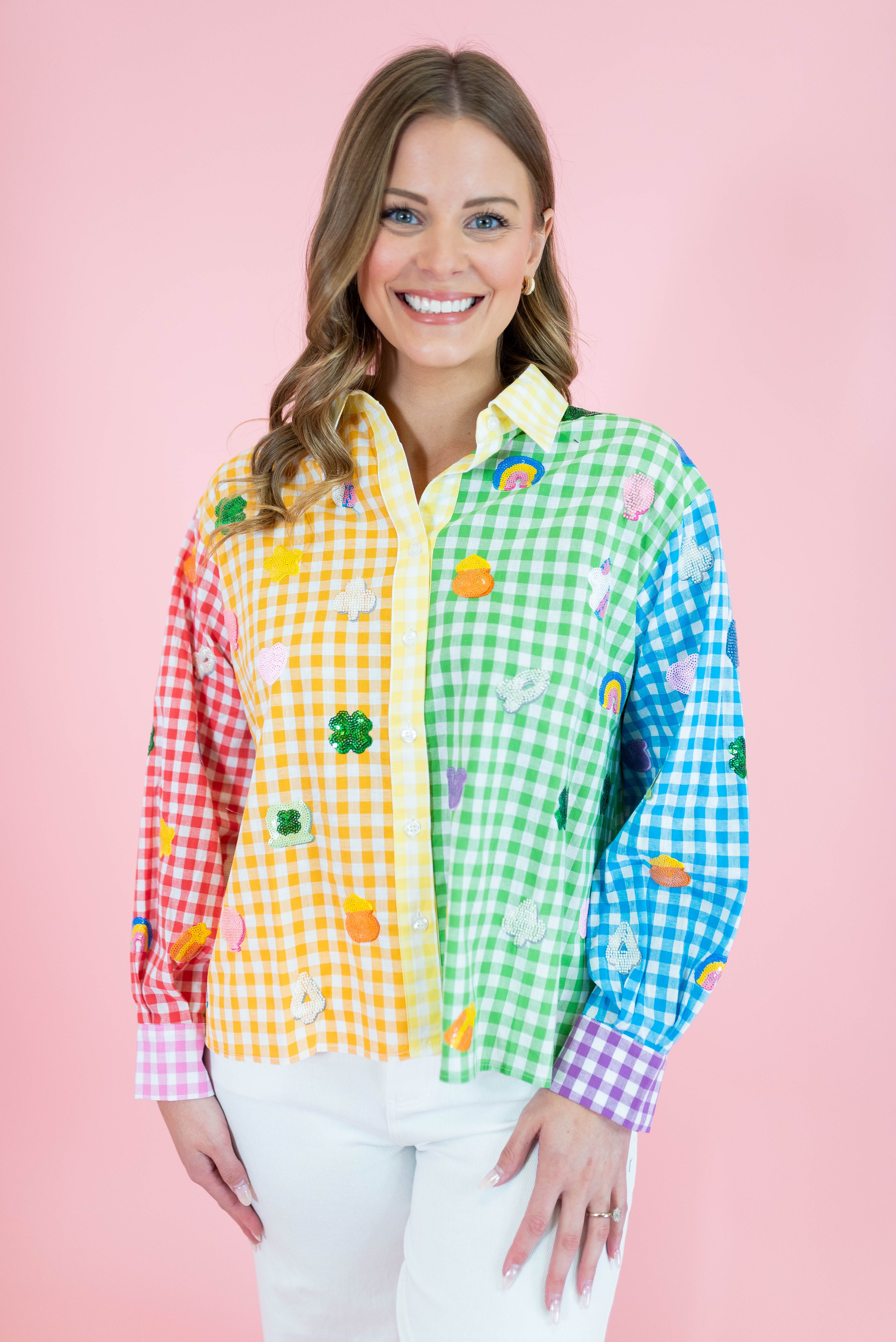 Queen Of Sparkles: Rainbow Gingham Lucky Charms Button Up Top - Obsession Boutique