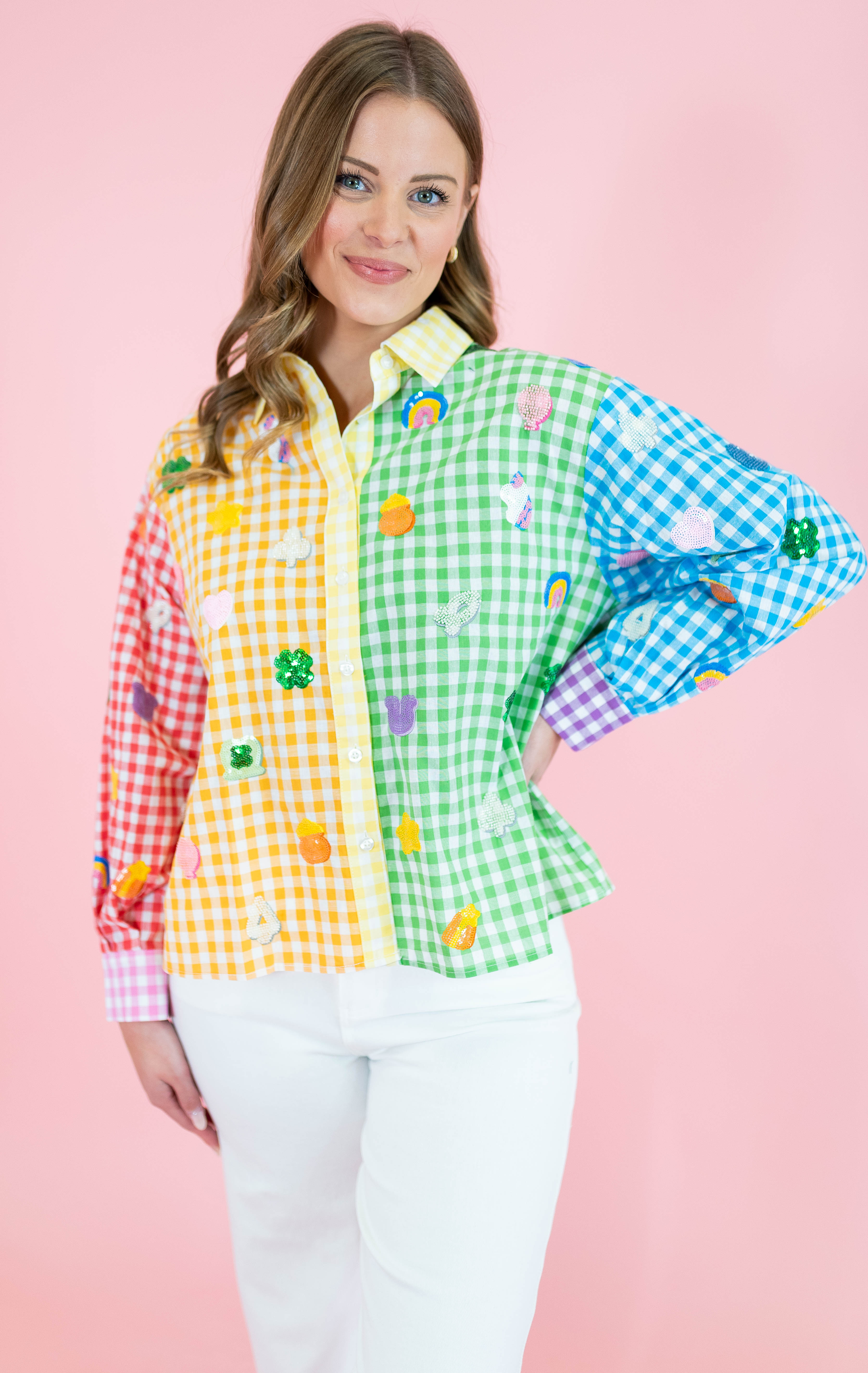 Queen Of Sparkles: Rainbow Gingham Lucky Charms Button Up Top - Obsession Boutique