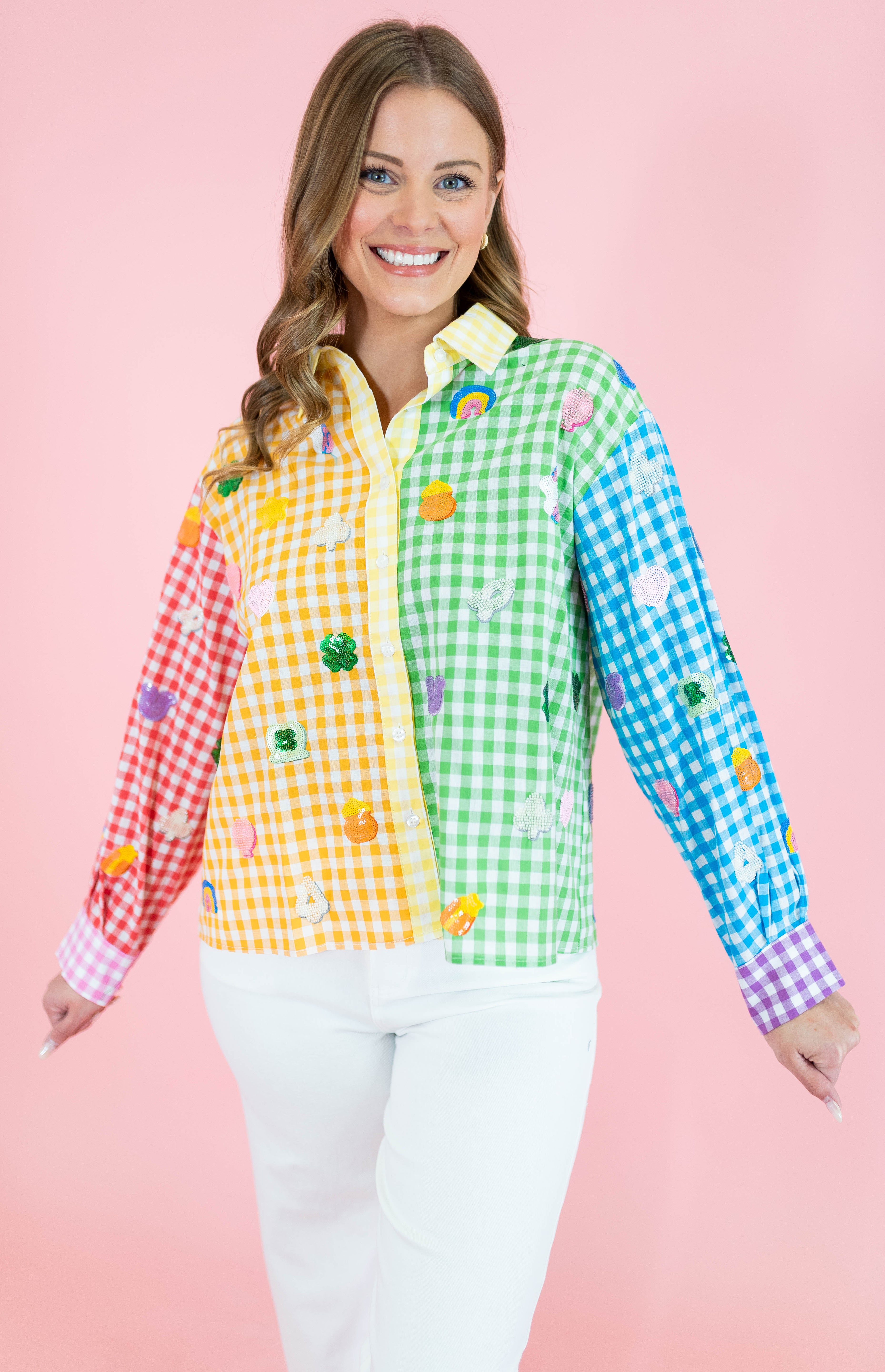 Queen Of Sparkles: Rainbow Gingham Lucky Charms Button Up Top - Obsession Boutique