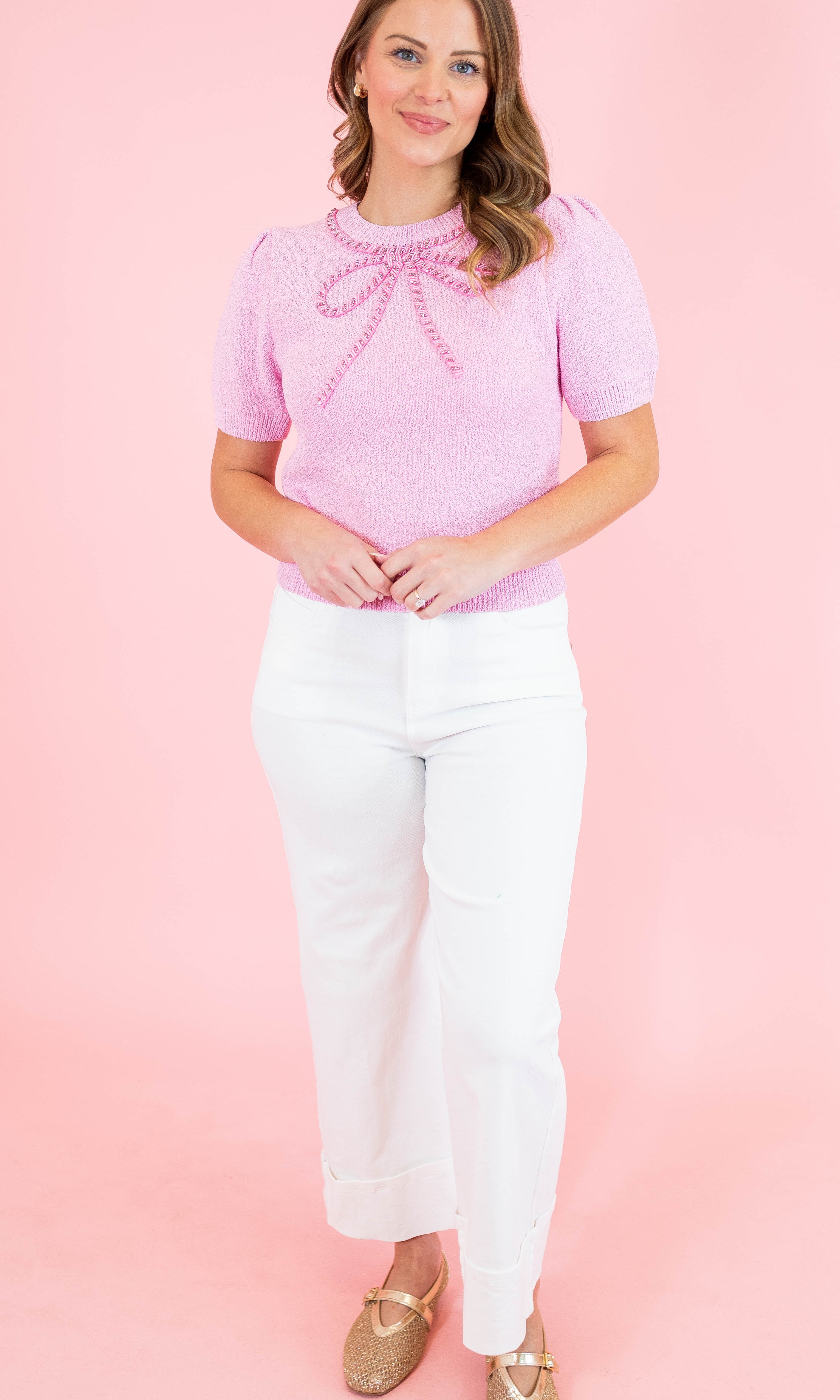 Bow Beaded Sweater Top - Obsession Boutique