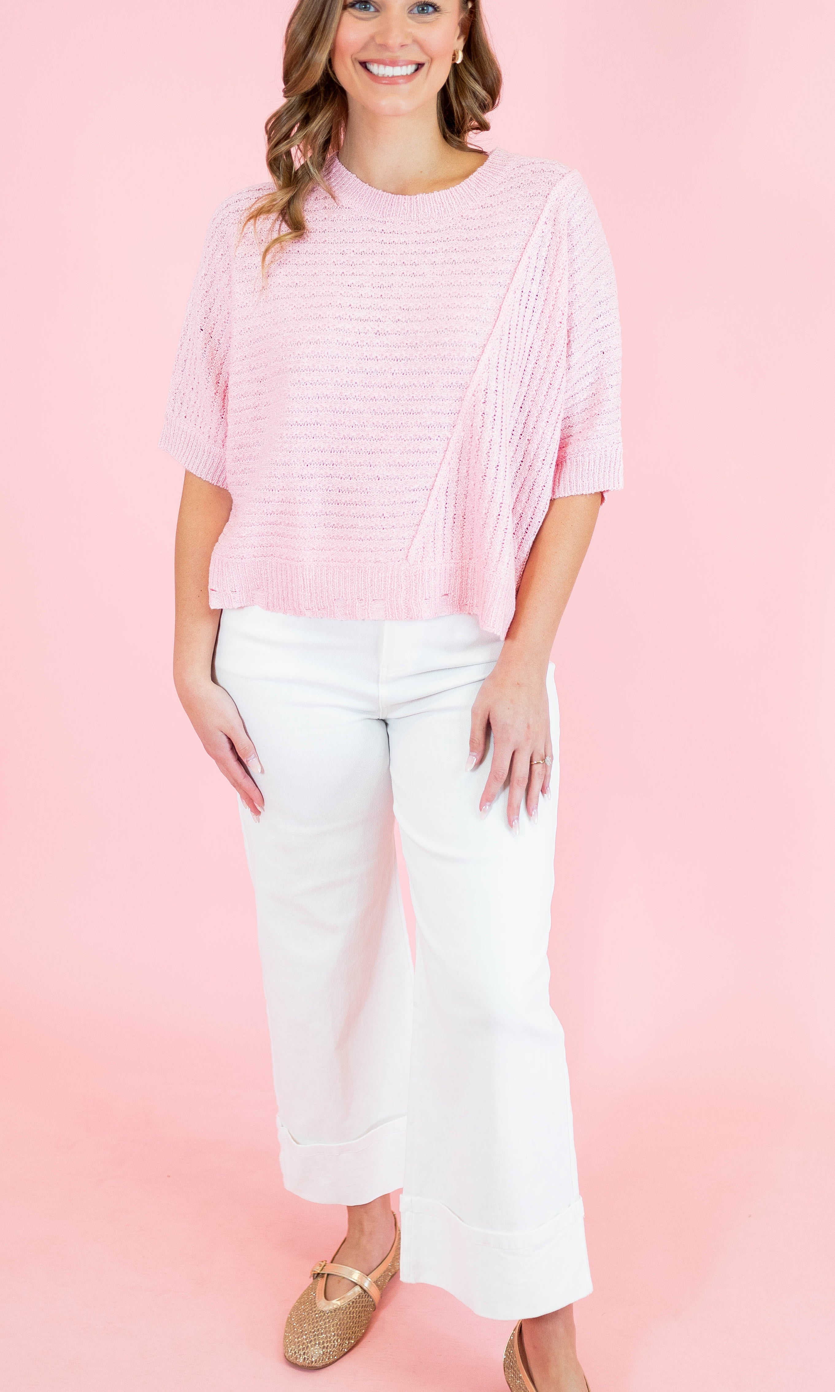 Ribbed Distressed Hem Sweater Top - Light Pink - Obsession Boutique