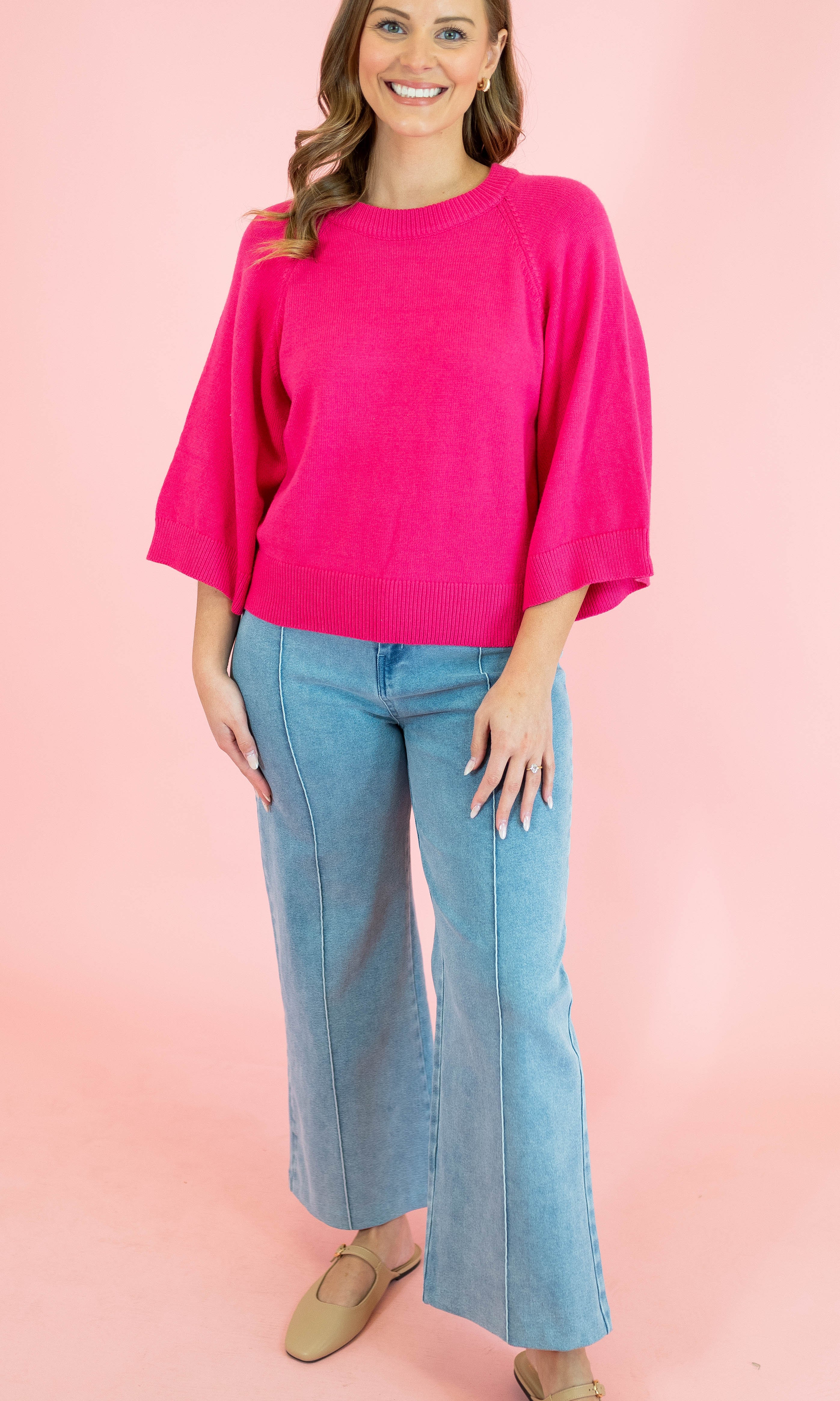 Solid Raglan 3/4 Sleeve Sweater - Obsession Boutique