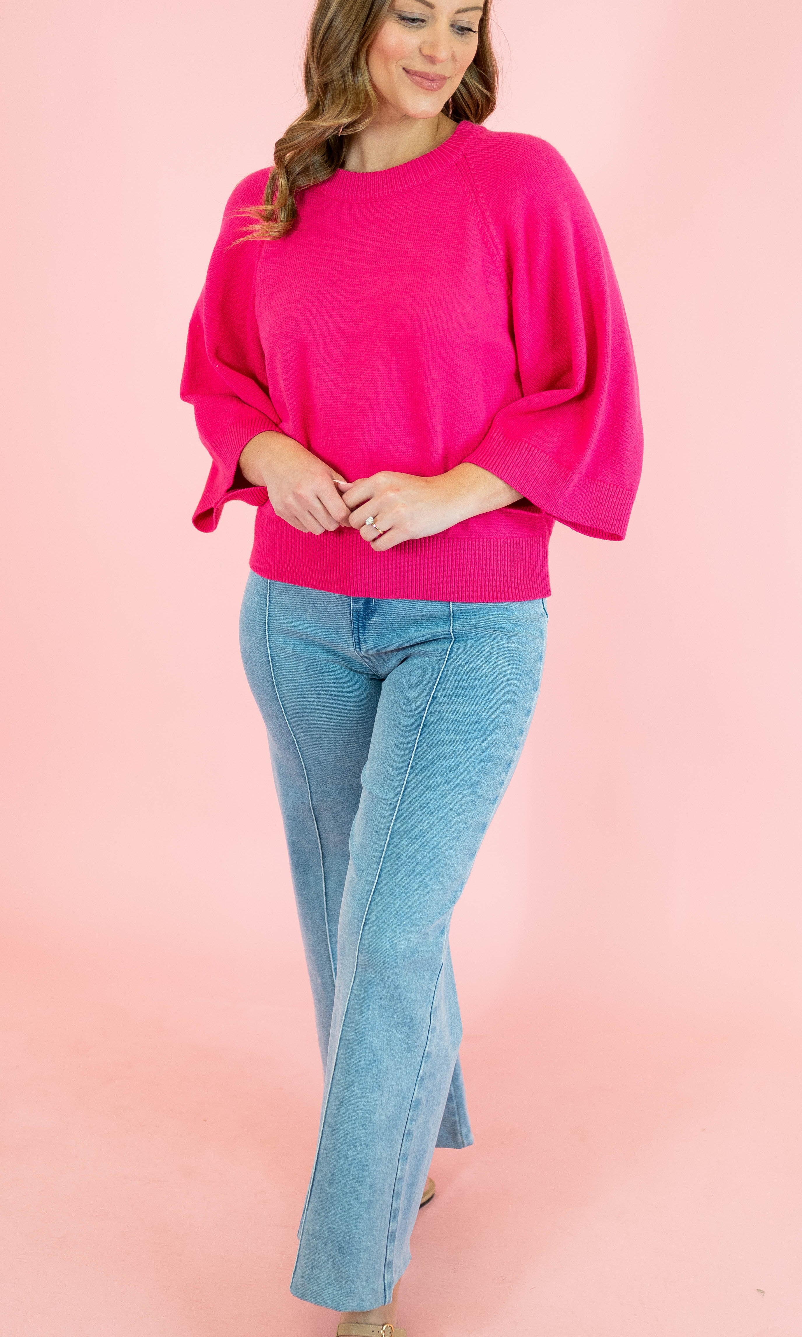 Solid Raglan 3/4 Sleeve Sweater - Obsession Boutique