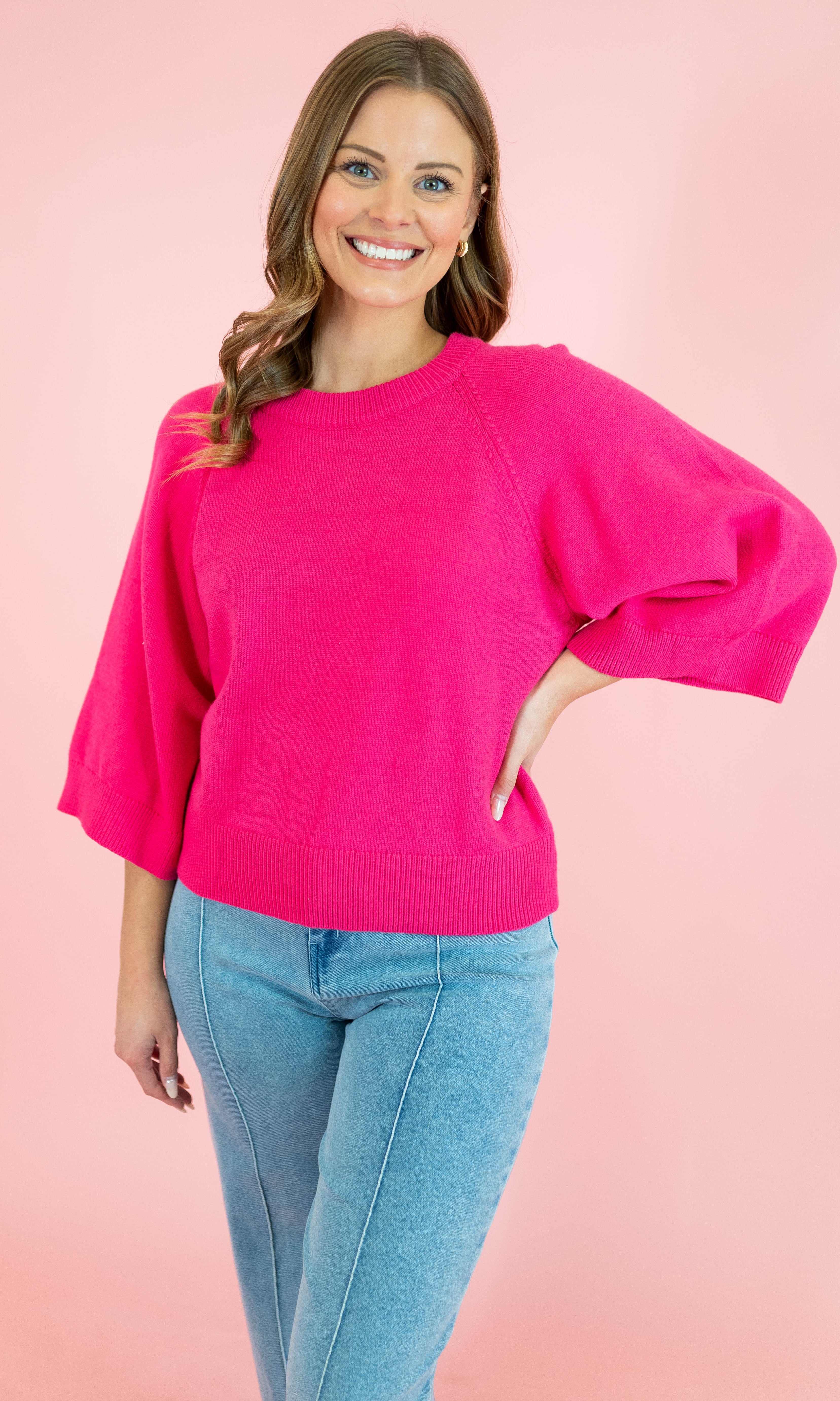 Solid Raglan 3/4 Sleeve Sweater - Obsession Boutique