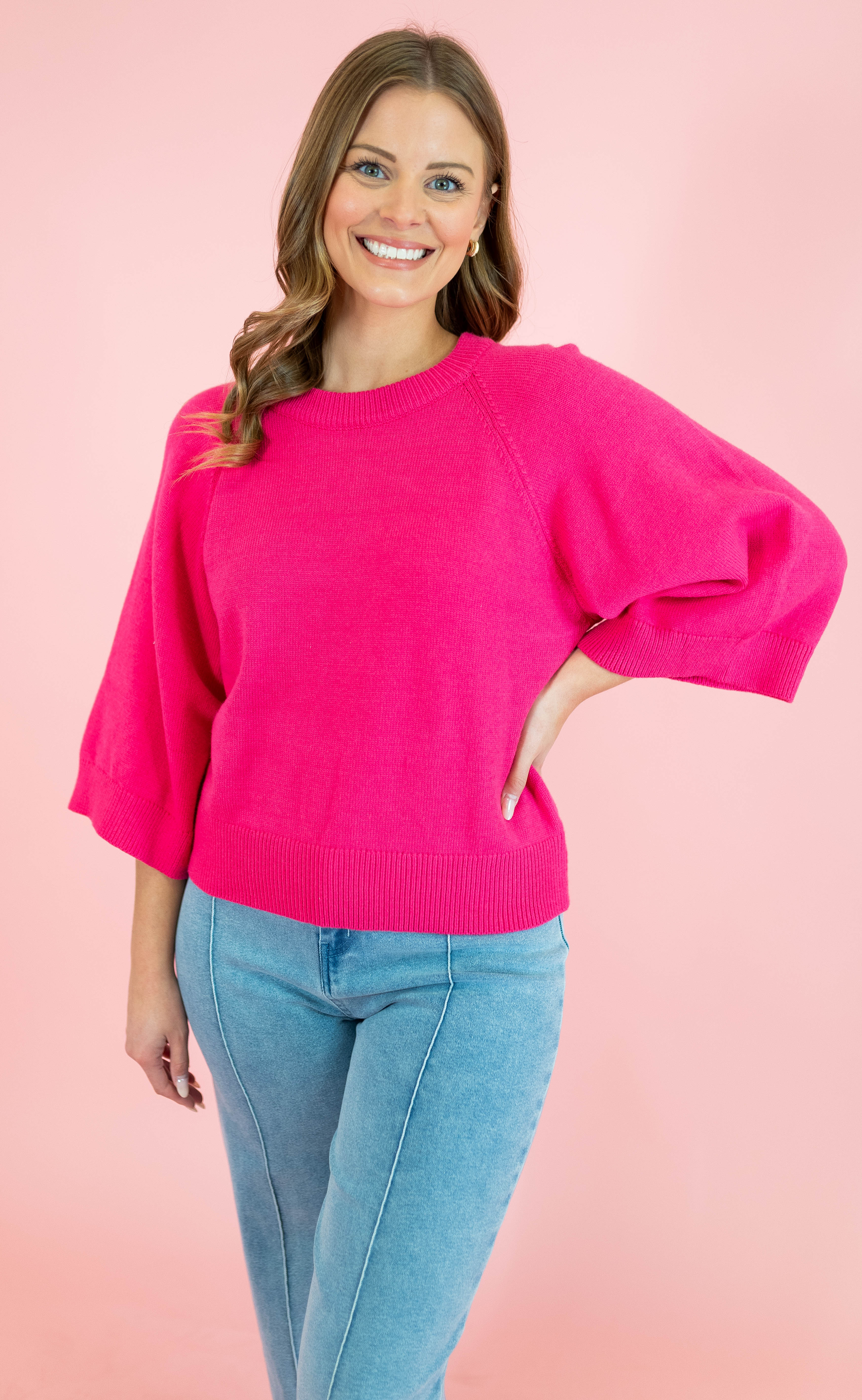 Solid Raglan 3/4 Sleeve Sweater - Obsession Boutique