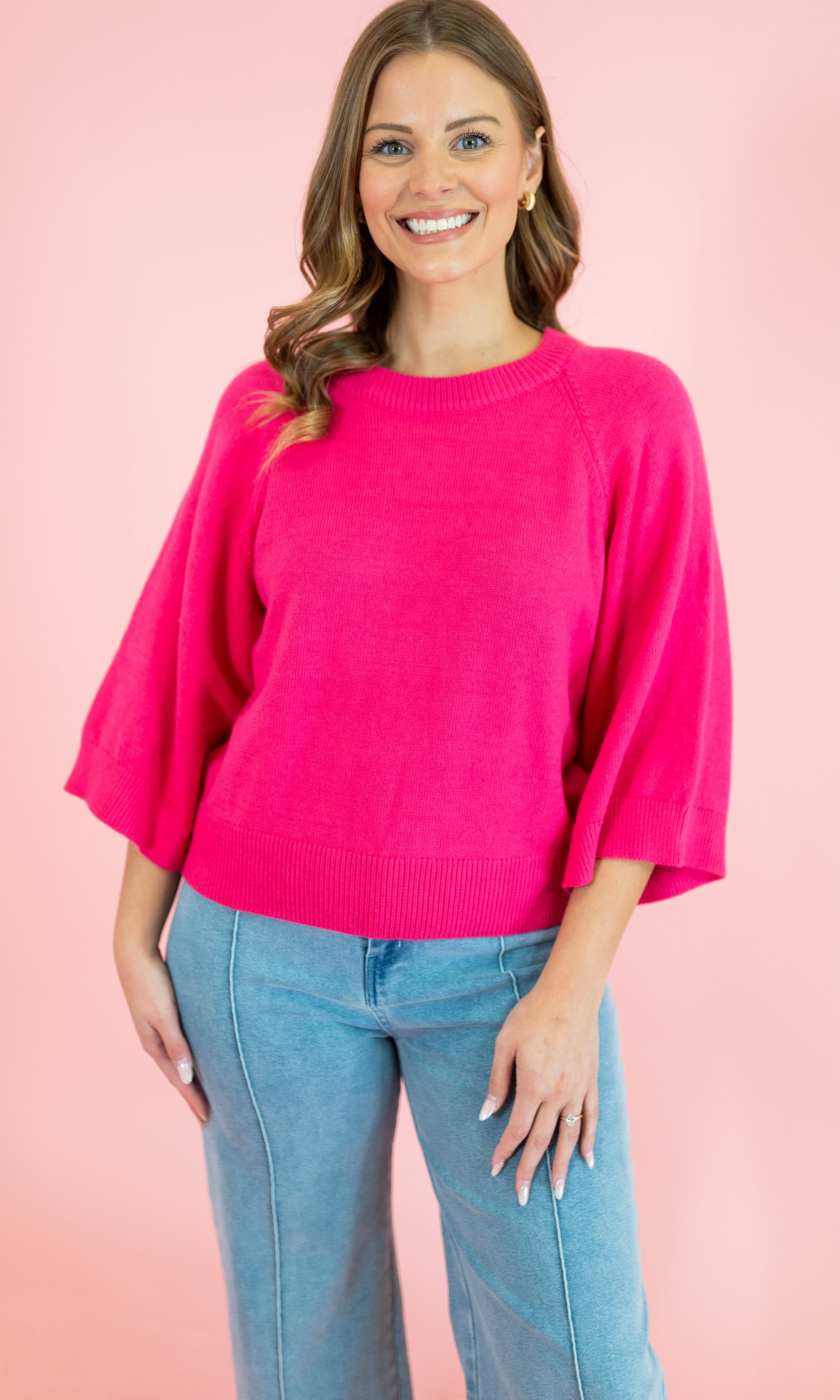 Solid Raglan 3/4 Sleeve Sweater - Obsession Boutique
