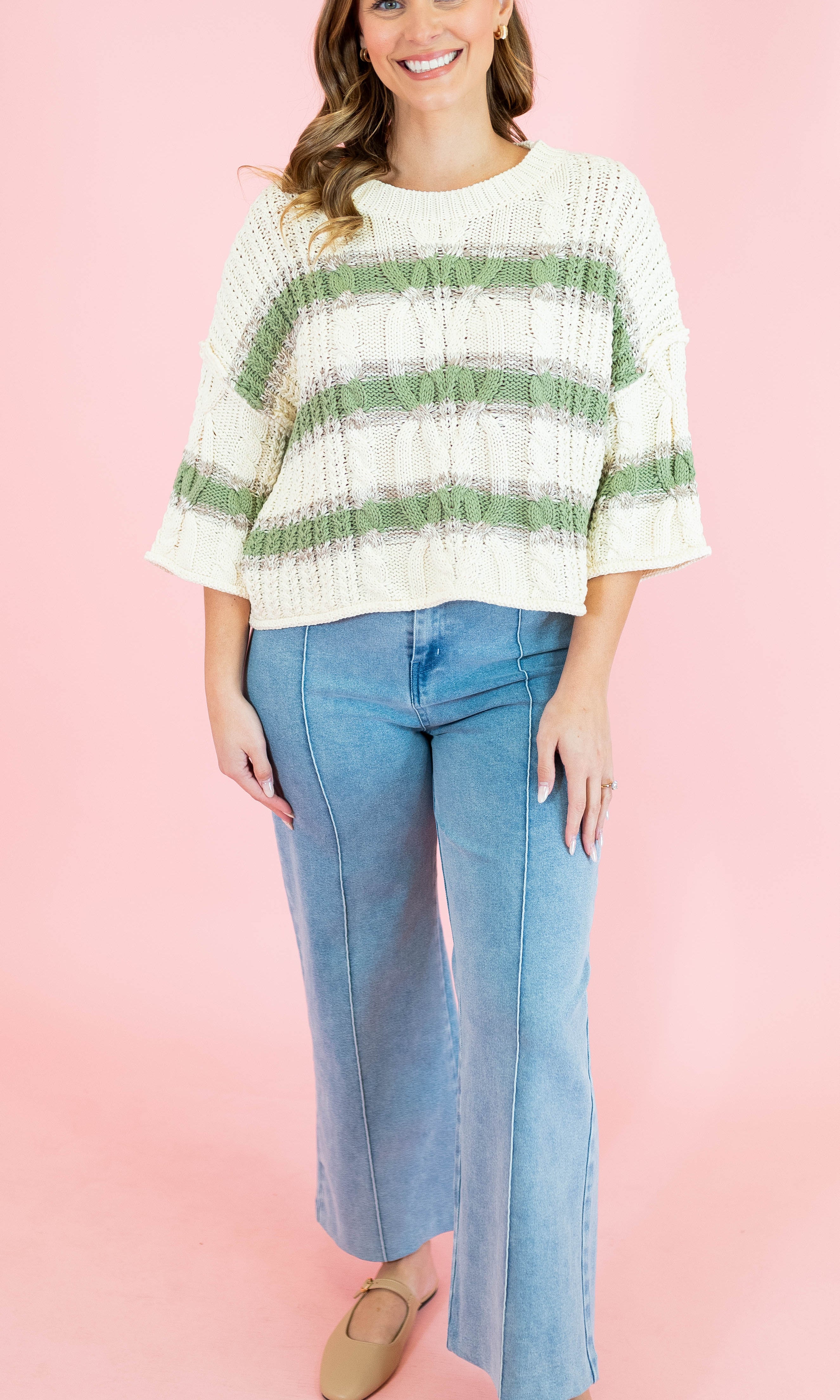 Cable & Stripe 3/4 Sleeve Knit Sweater - Obsession Boutique