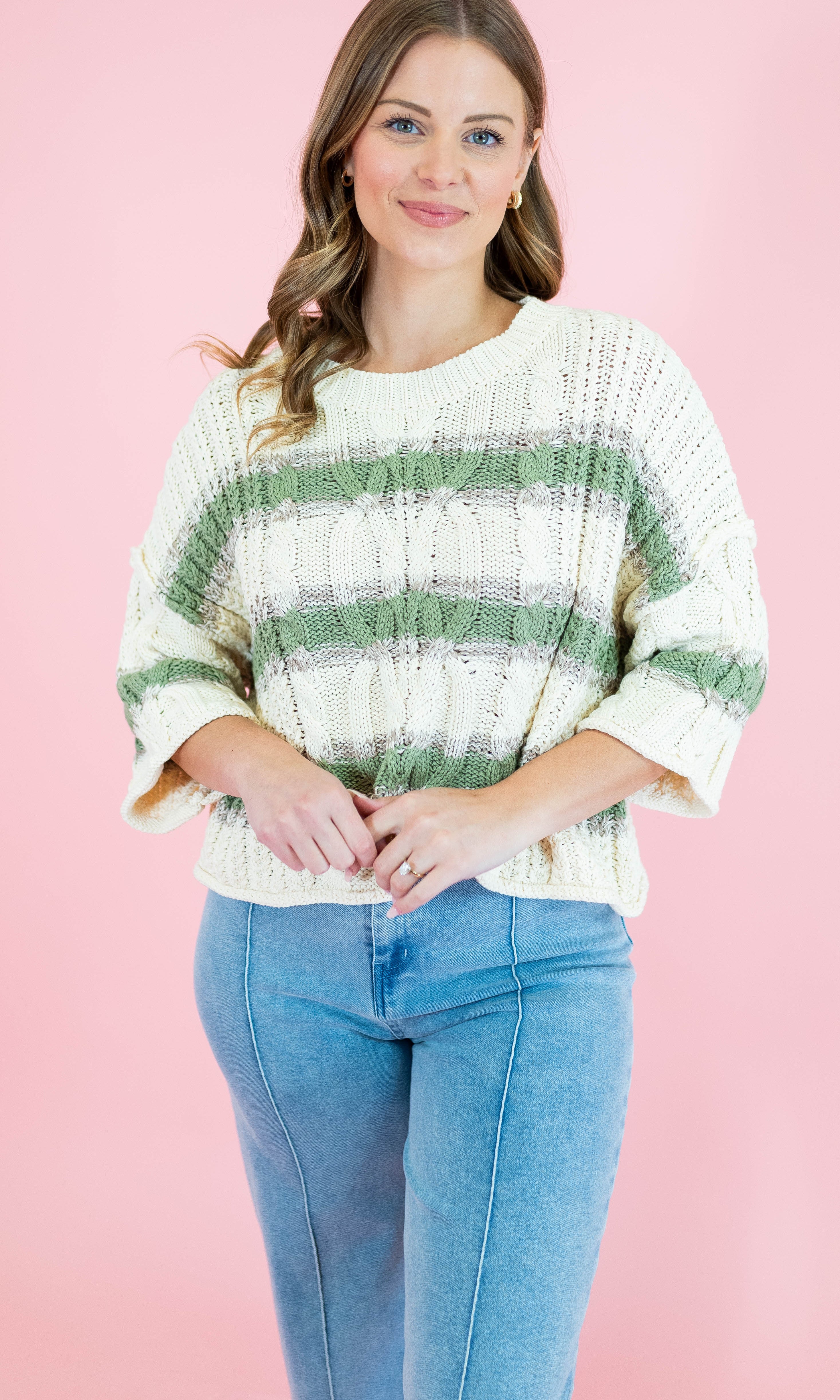Cable & Stripe 3/4 Sleeve Knit Sweater - Obsession Boutique