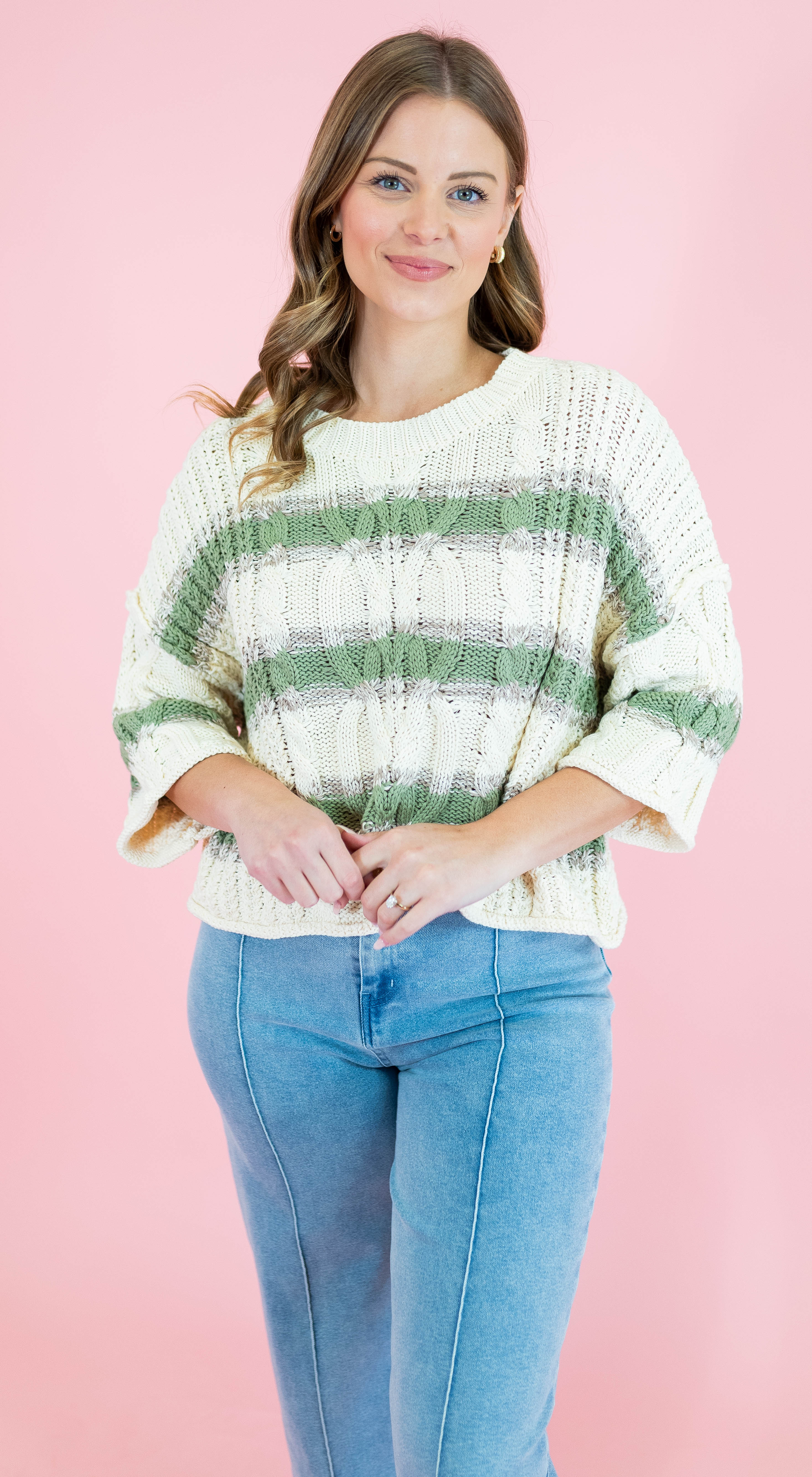 Cable & Stripe 3/4 Sleeve Knit Sweater - Obsession Boutique