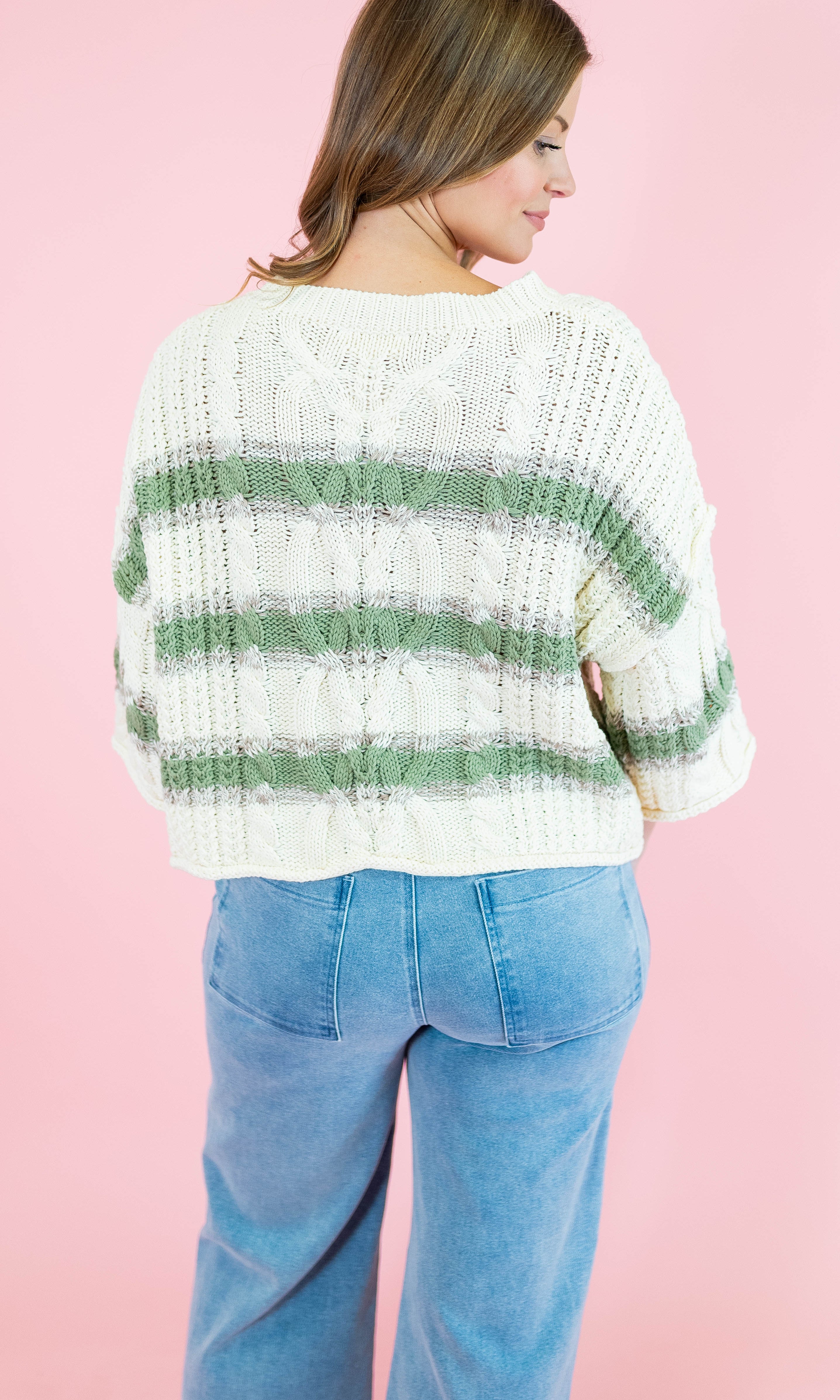 Cable & Stripe 3/4 Sleeve Knit Sweater - Obsession Boutique