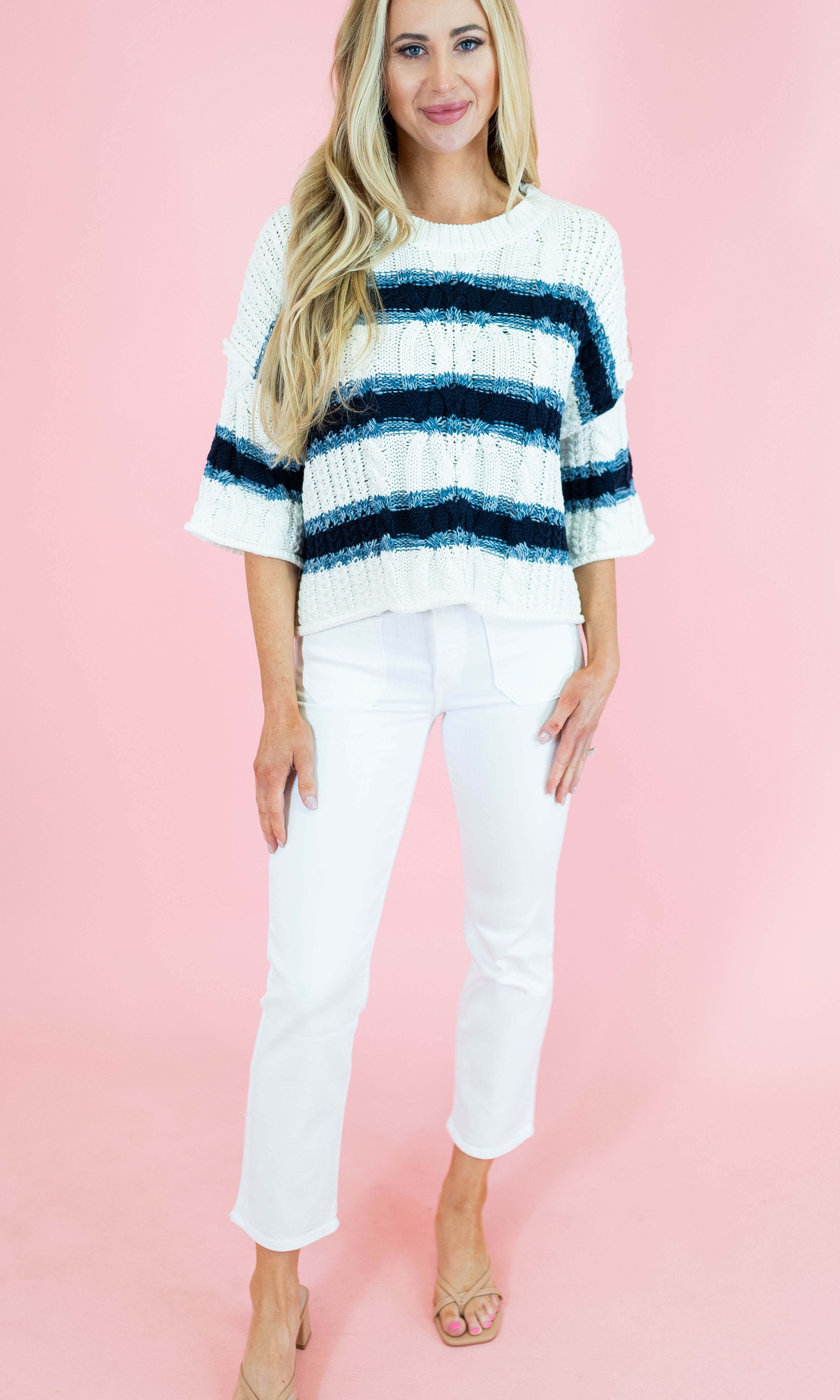 Cable & Stripe 3/4 Sleeve Knit Sweater - Obsession Boutique